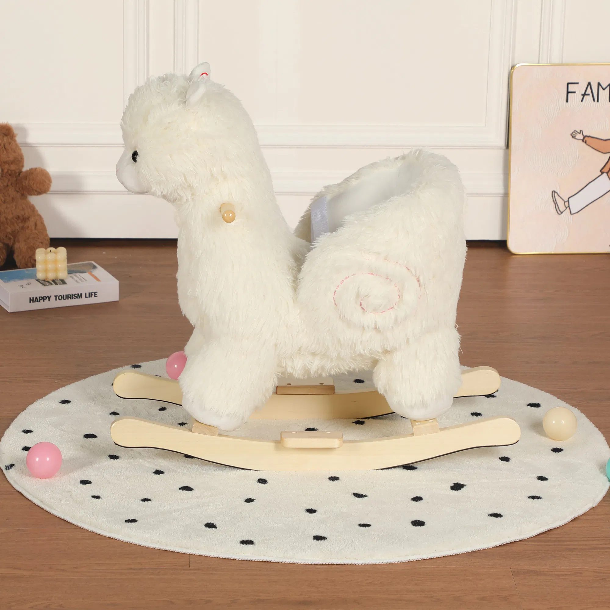 Kids Ride-On Rocking Horse Toy with Lullaby Song,Alpaca Rocking Toy with Hand Puppets and Safety Belt For Children 1-3 Years,Soft Plush Fabric,White - Image 3