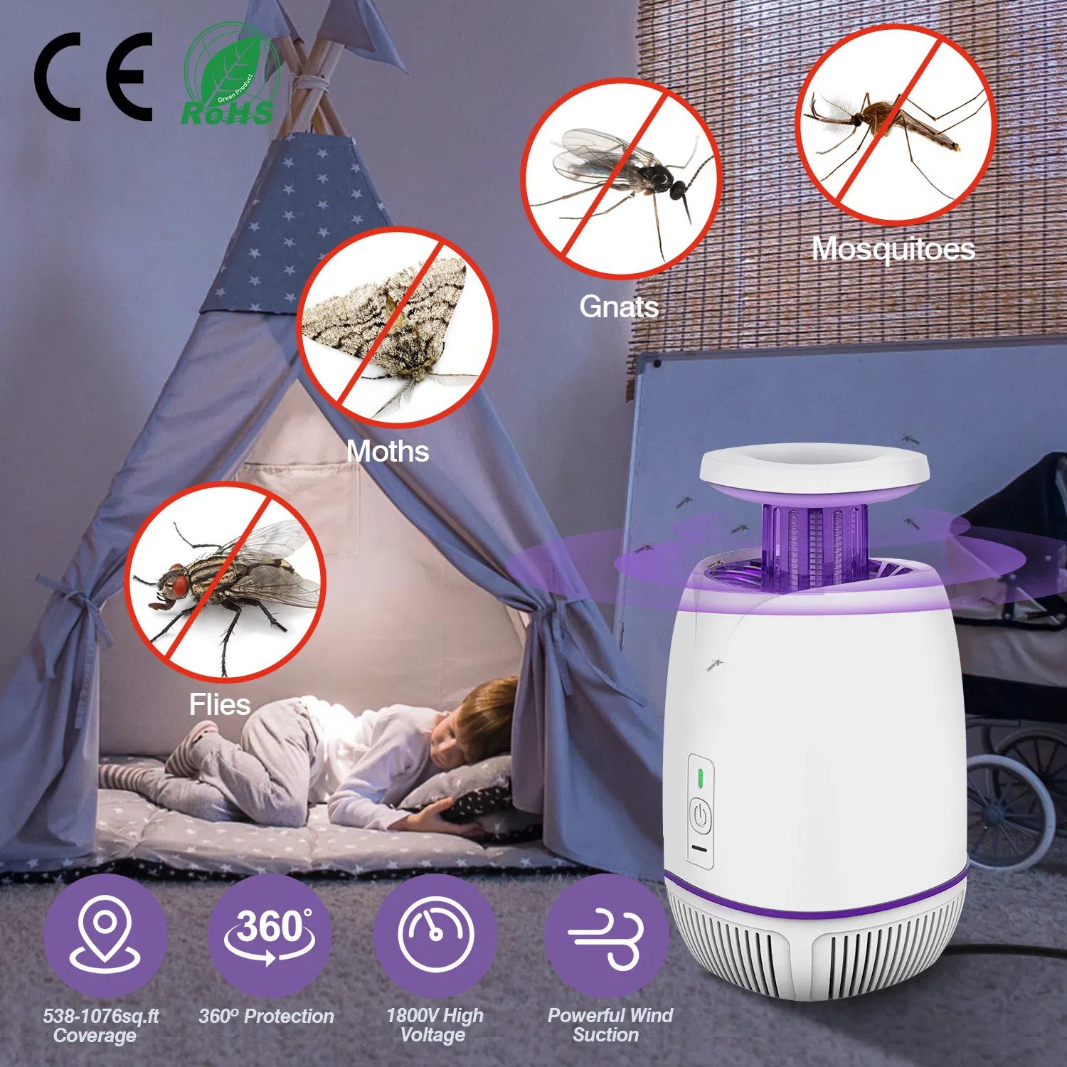 Plug-in Mosquito Zapper Max 1076Sq.Feet Range Electric Fly Zapper with 3 Modes Mosquito Killer Lamp for Indoor Outdoor - Image 3