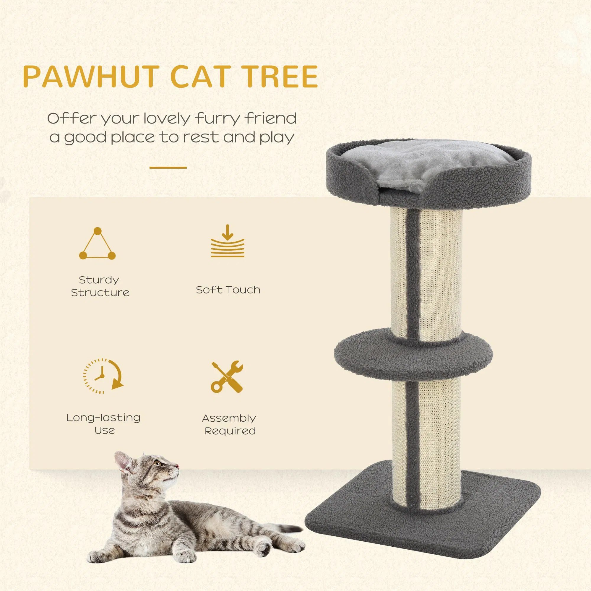 Cat Tree Kitty Tower with Sisal Mat Scratching Post, Cat Bed, Cushion, Perch, 18" x 18" x 36", Grey - Image 3