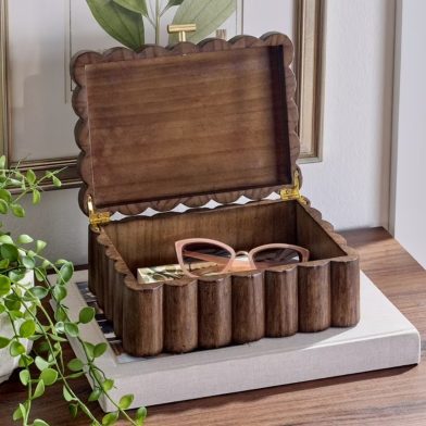 Scalloped Wooden Jewelry Box With Lid, Decorative Trinket Storage Organizer, Natural Wood