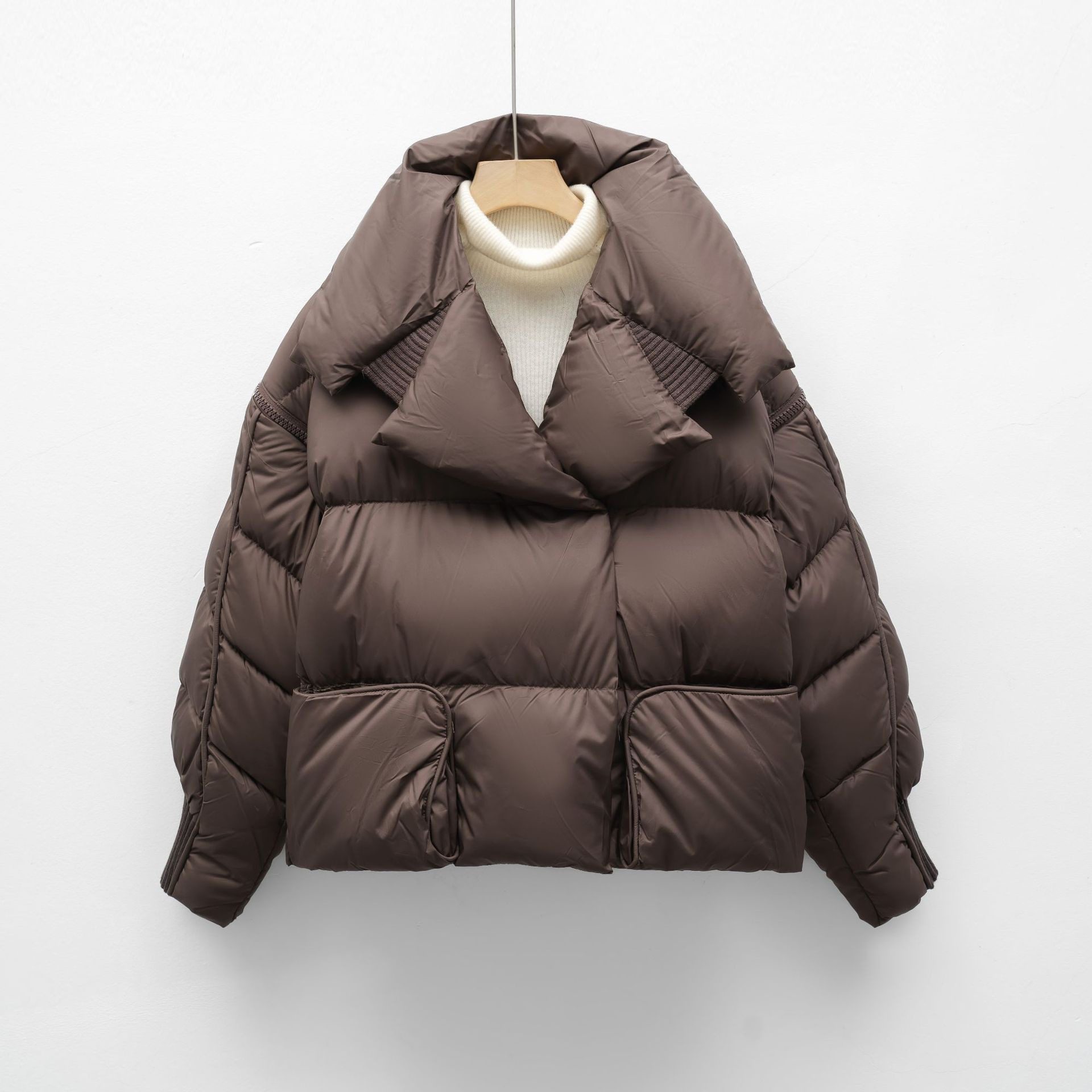 Korean-style Knitted Patchwork Large Lapel Short Down Jacket For Women - Image 8