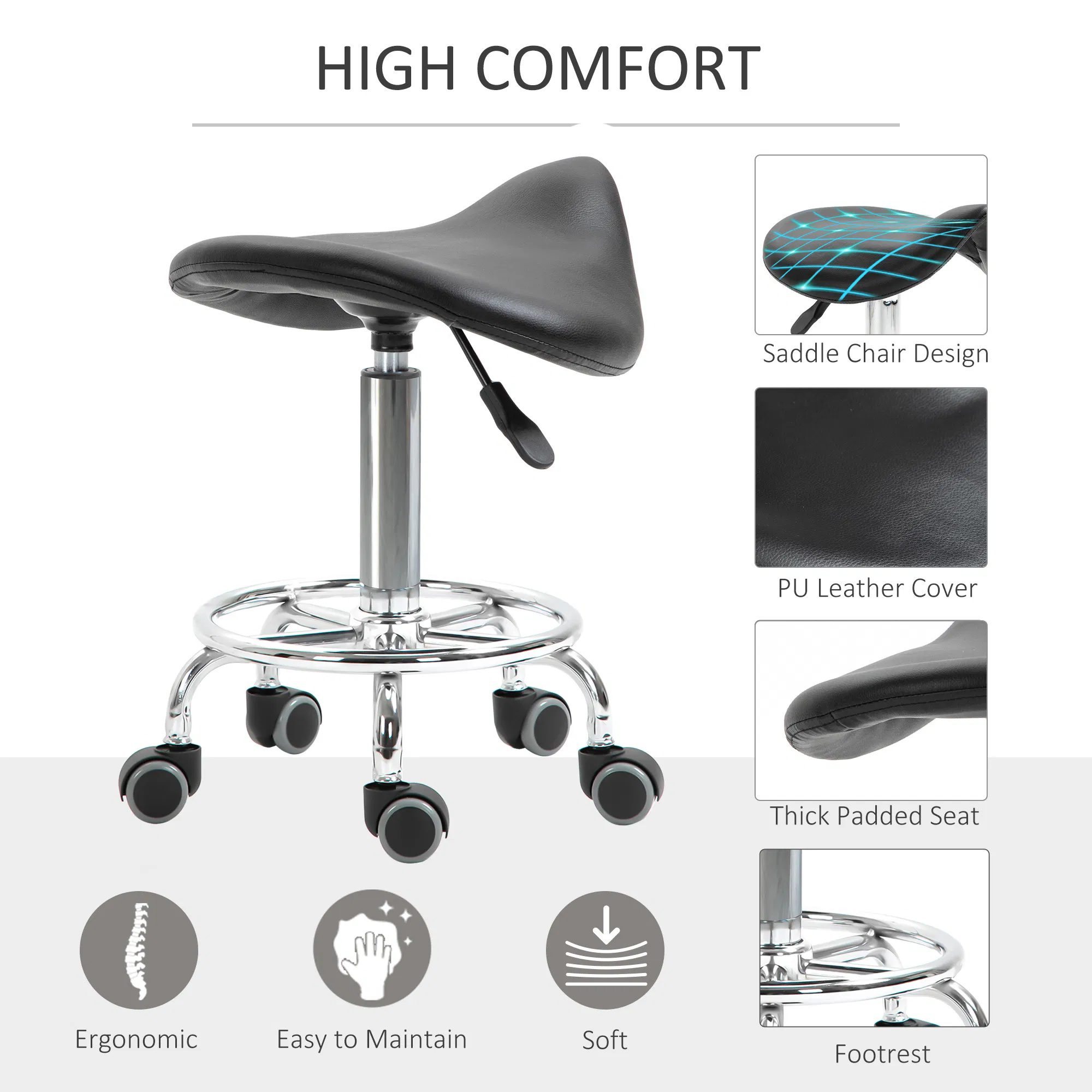 Saddle Stool PU Leather Adjustable Rolling Salon Chair Black for Massage Spa Clinic Beauty Tattoo - Image 4