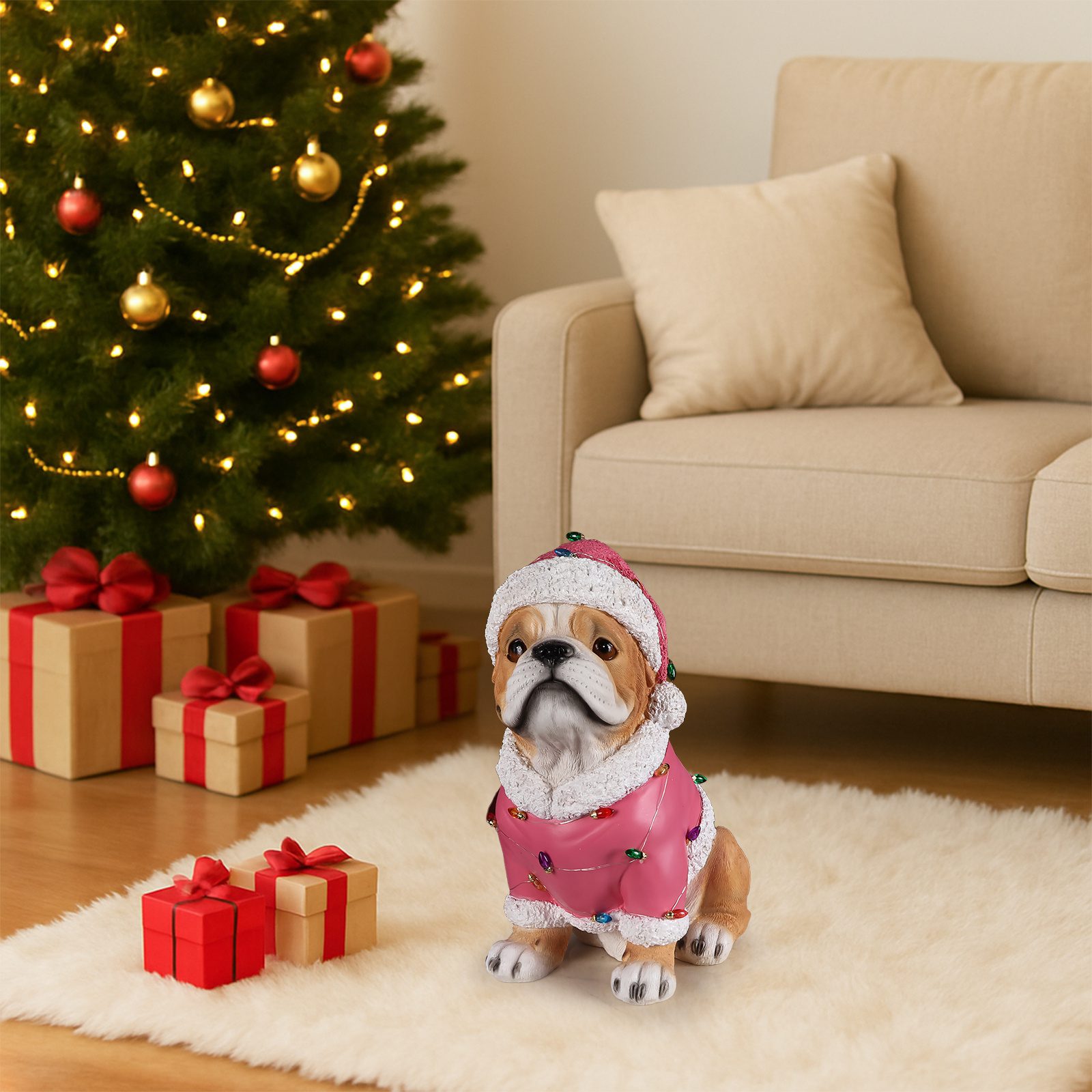 Christmas Pug Statue, Holiday Dog Figurine in Pink Santa Outfit - Image 8