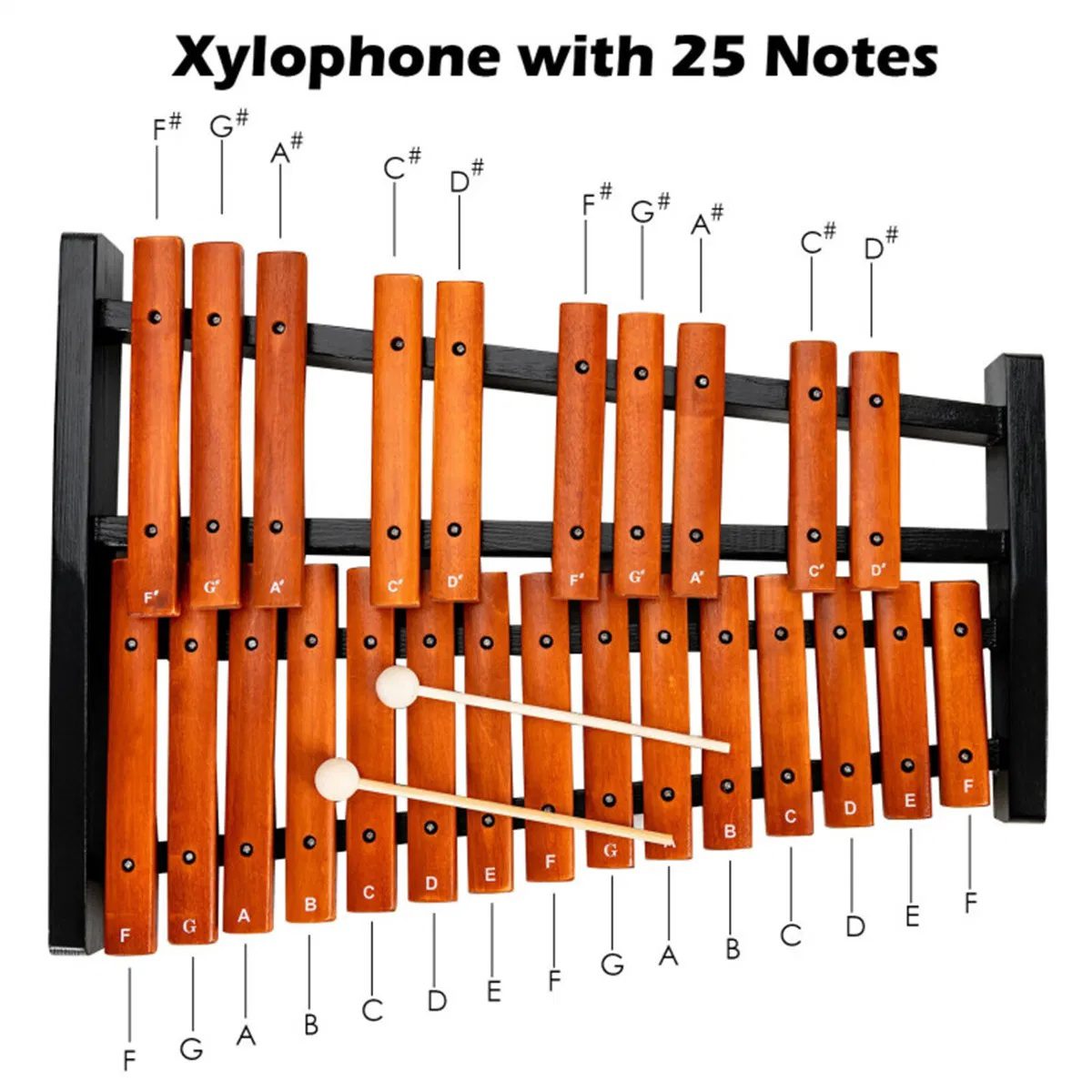 25 Notes Xylophone with 2 Mallets & Carrying Bag, Hardwood Pine Wood Brown Black for Beginners Adults - Image 8