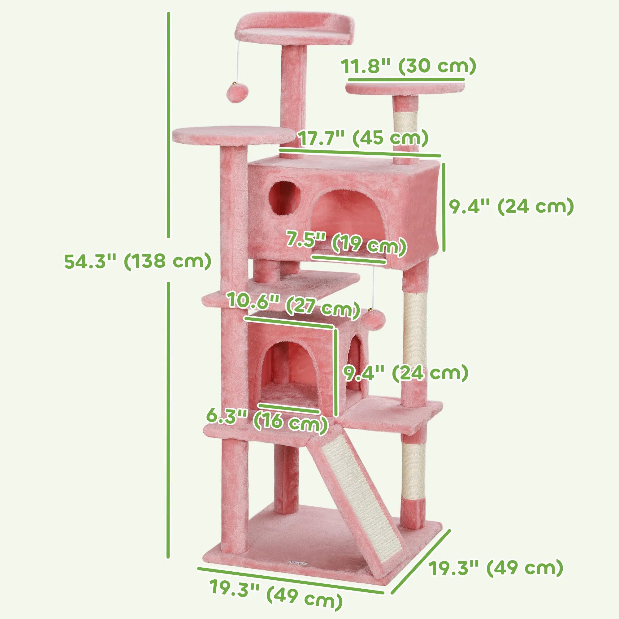 54" Cat Tree, Multi-Level Cat Tower with Scratching Posts, Cat Condos, Bed, Platforms, Ramp, Toy Ball, Pink - Image 2
