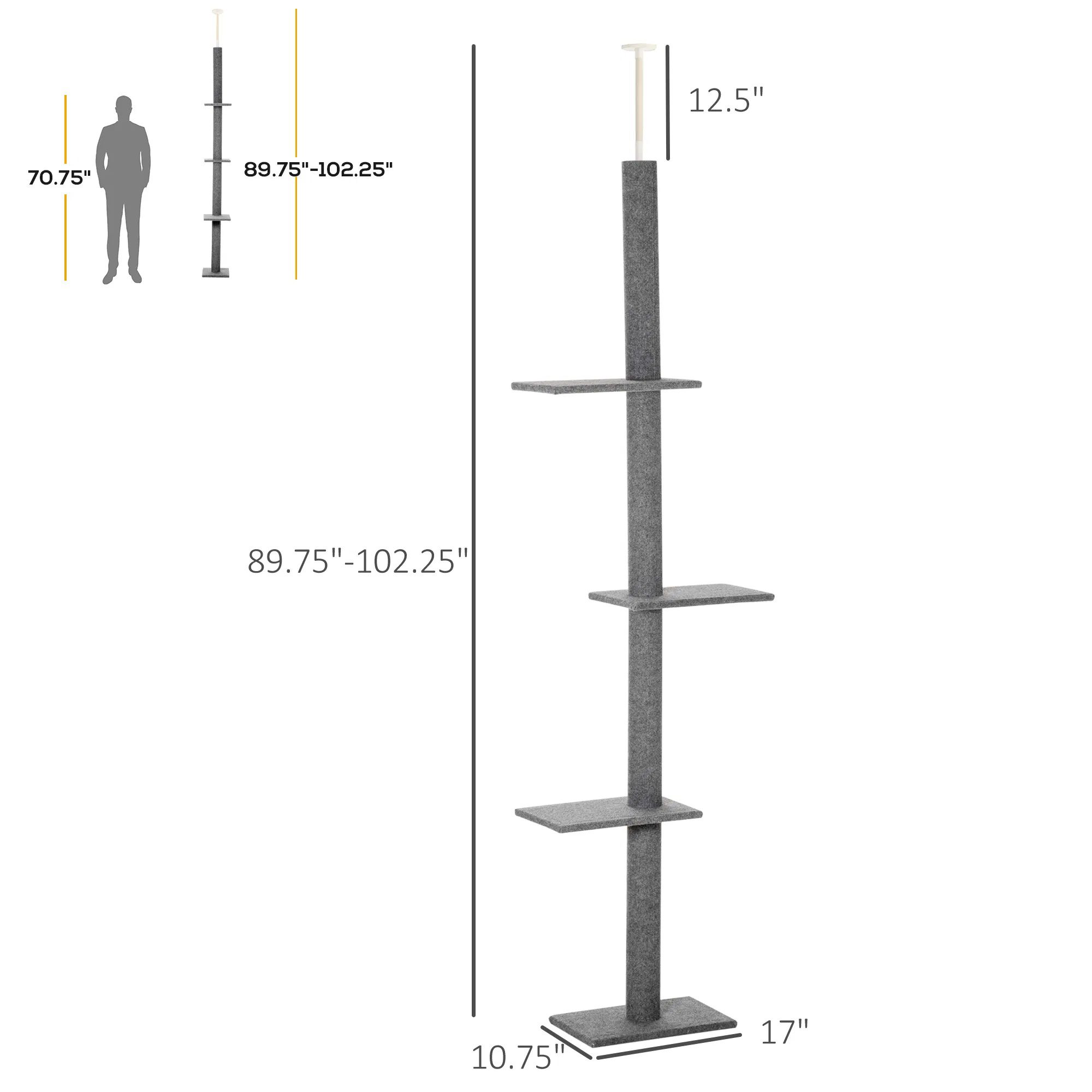 100" Floor To Ceiling Cat Tree w/ 3 Perches Activity Center for Kittens Cat Tower Furniture, Grey - Image 2