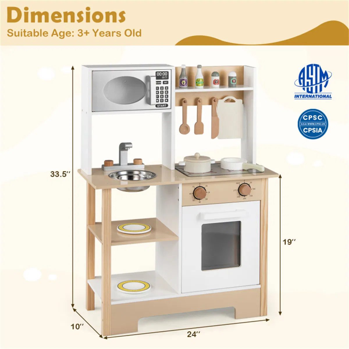 Kids Wooden Play Kitchen with 13 Accessories, Pretend Cooking Set with Chalkboard for 3+, White + Natural - Image 3