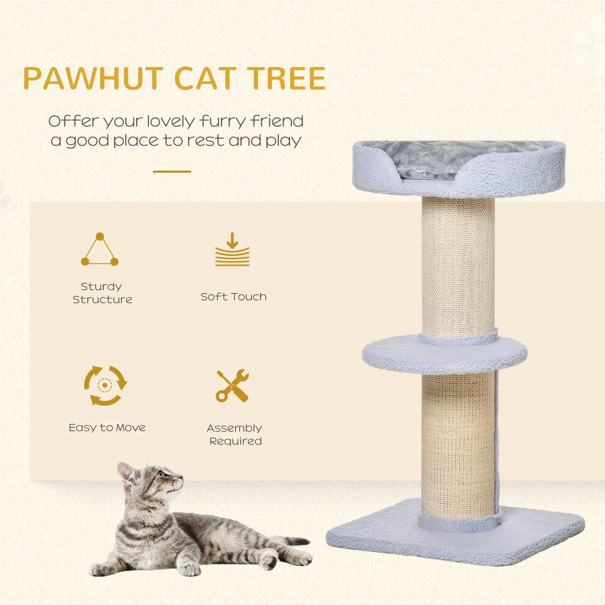 Cat Tree Kitty Tower with Sisal Mat Scratching Post, Cat Bed, Cushion, Perch, 18" x 18" x 36", Light Blue - Image 3