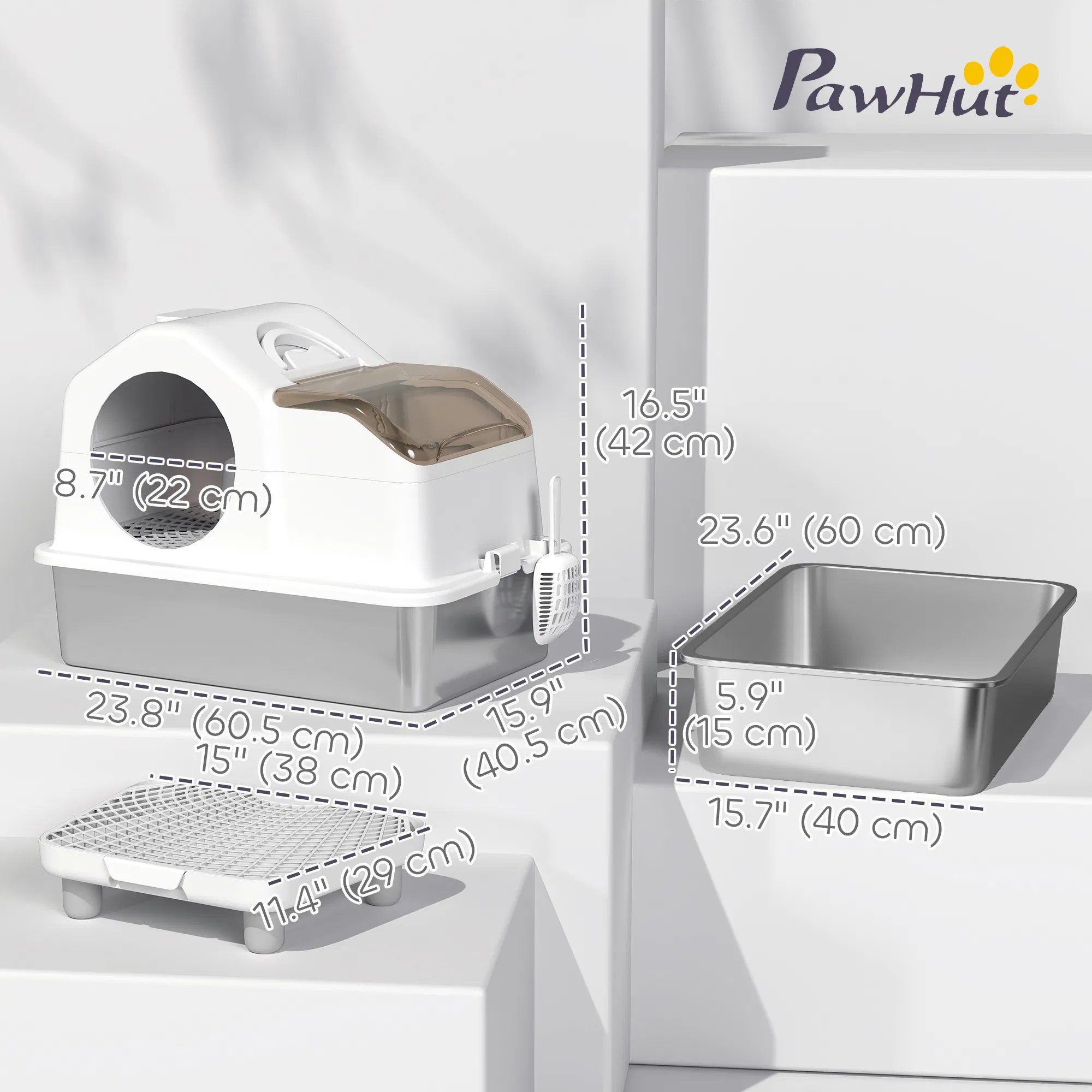 Extra Large Stainless Steel Cat Litter Box w/ High Sided, Removable Lid, Mats, Scoop, Odor Free, Non-Sticky, Leakproof - Image 2