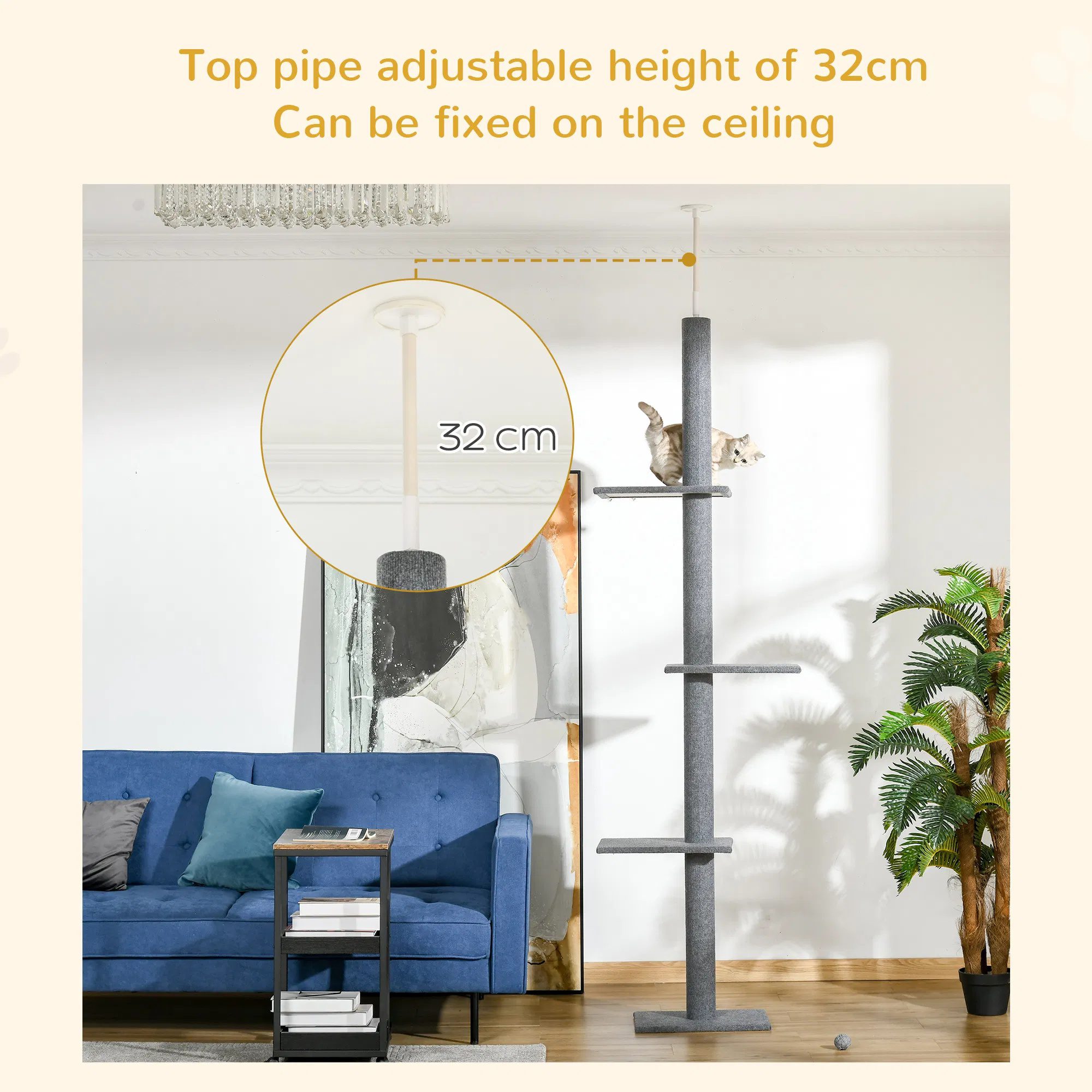 100" Floor To Ceiling Cat Tree w/ 3 Perches Activity Center for Kittens Cat Tower Furniture, Grey - Image 4