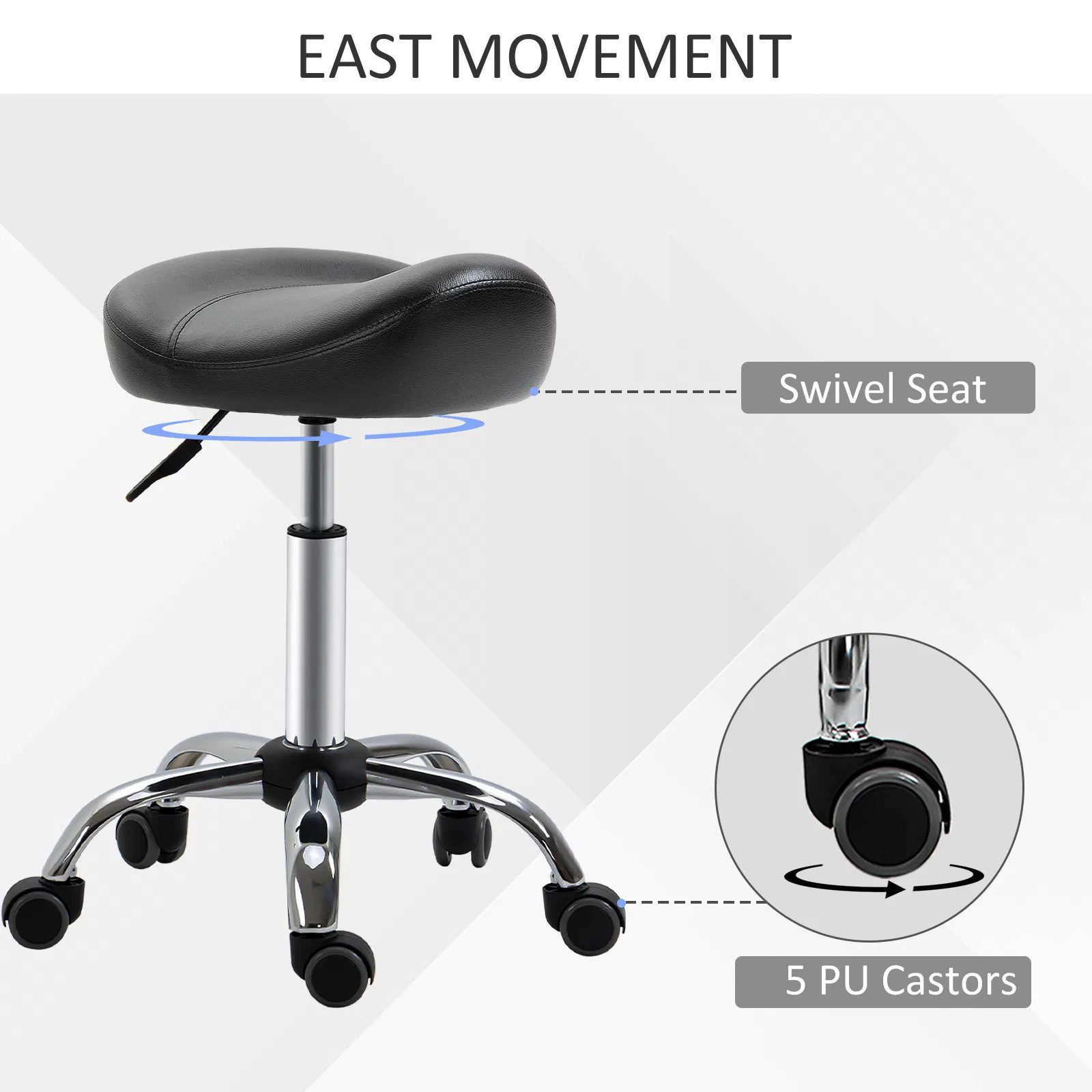 Saddle Stool Height Adjustable Rolling Salon Chair PU Leather Black for Massage Spa Clinic Beauty Tattoo - Image 5