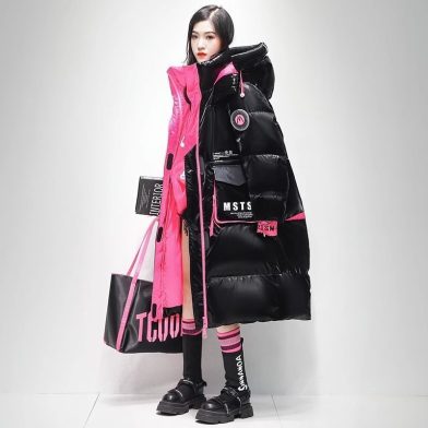 Womens Winter Loose Western-Style Over-the-Knee Long Thermal Patchwork Down Jacket