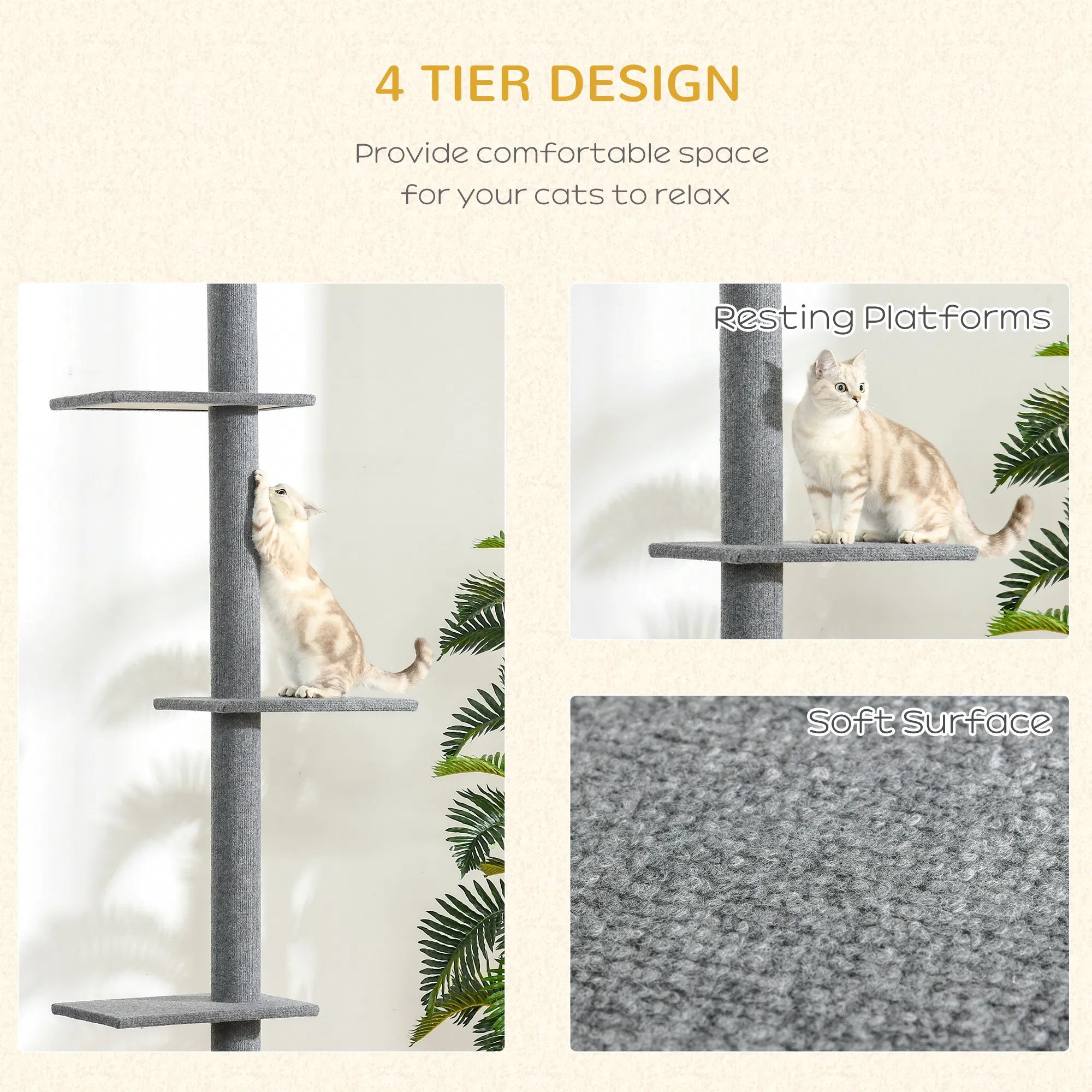 100" Floor To Ceiling Cat Tree w/ 3 Perches Activity Center for Kittens Cat Tower Furniture, Grey - Image 5