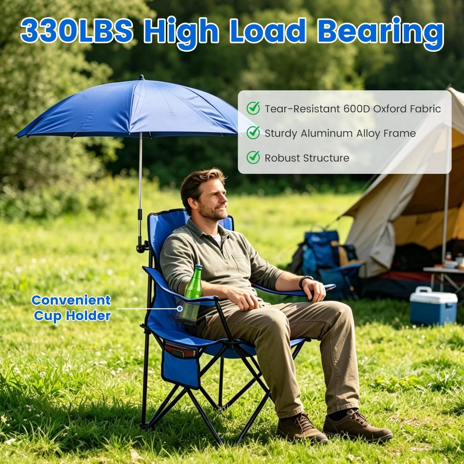 Folding Camping Chair with Detachable 8-Rib Sun Umbrella, 42.13 Inch Canopy Aluminum Alloy Portable Lawn Chair Supports 330LBS with Cup Holder - Image 10