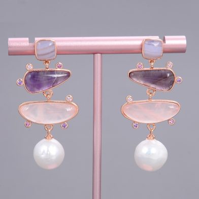 Women's Small Pendant Earrings White Pearl Blue Chalcedony Rose Quartz Amethyst