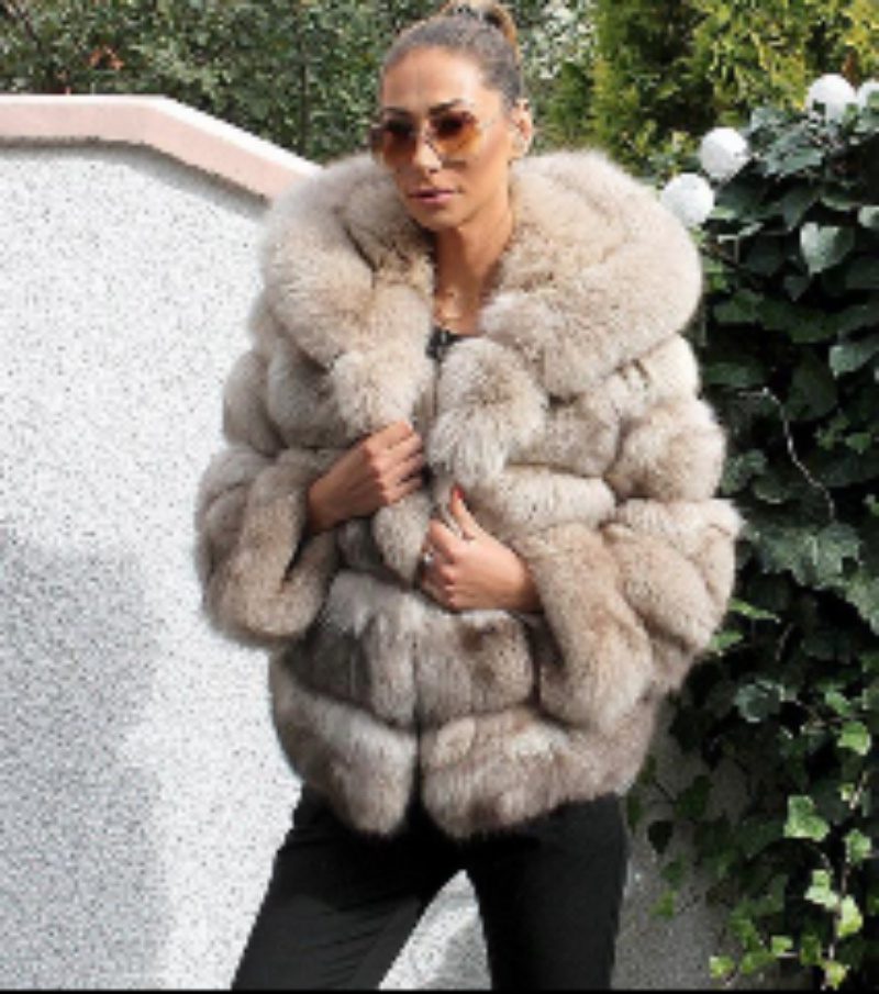 Women's Minimalist Hooded Patchwork Fur Grass Jacket - Image 5