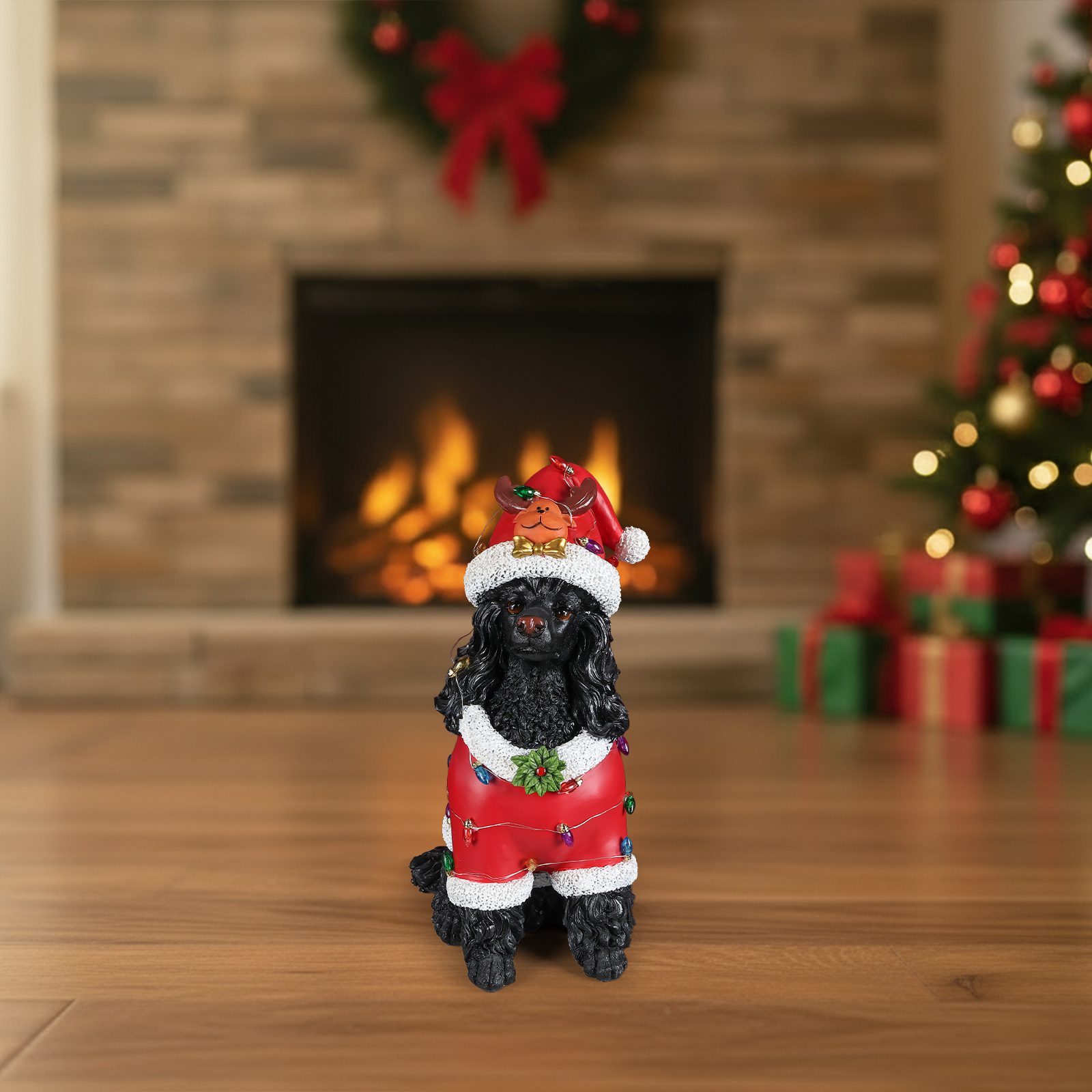 Christmas Black Poodle Statue, Holiday Dog Figurine in Red Santa Outfit - Image 9