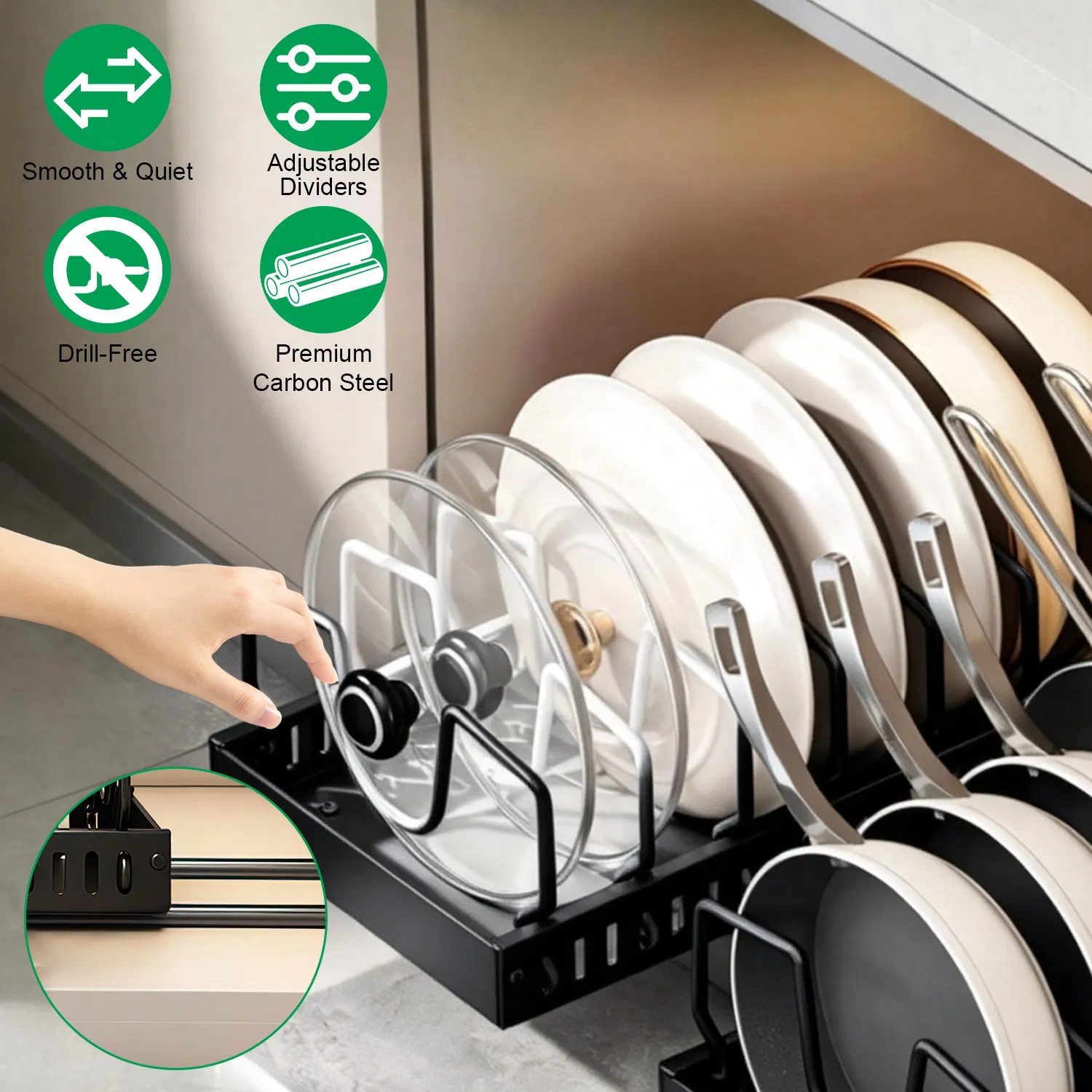 Pull Out Pots and Pans Organizer for Cabinet - 8 Adjustable Dividers, Tool-Free Installation, Damping Rail for Smooth Access, Sturdy Anti-Rust Carbon Steel - Holds Lids, Fry Pans, Bakeware & More - Image 7