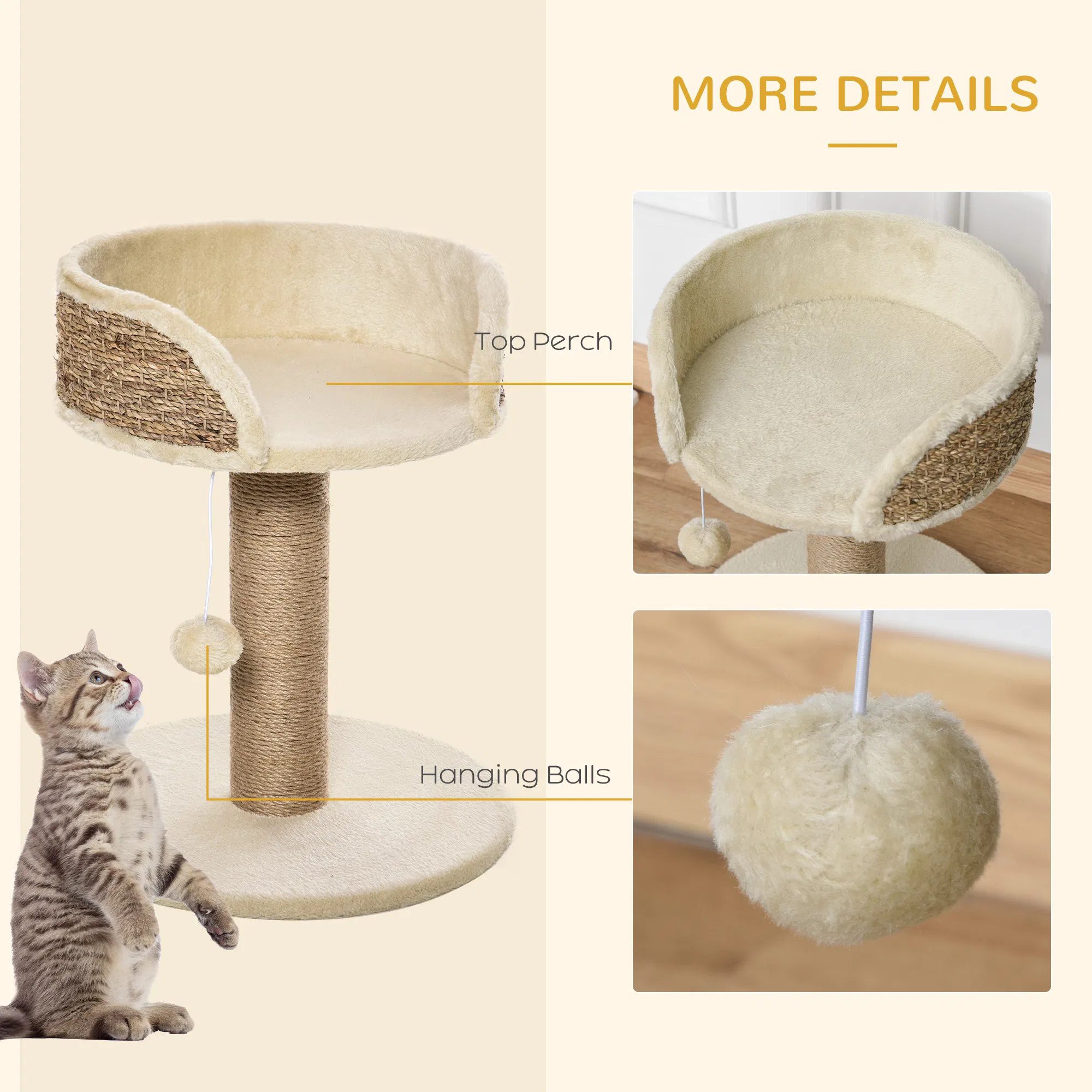 Cat Tree with Scratching Post, Toy Ball, Perch, Small Cat Tower for Indoor Cats - 16" x 16" x 19", Beige - Image 4
