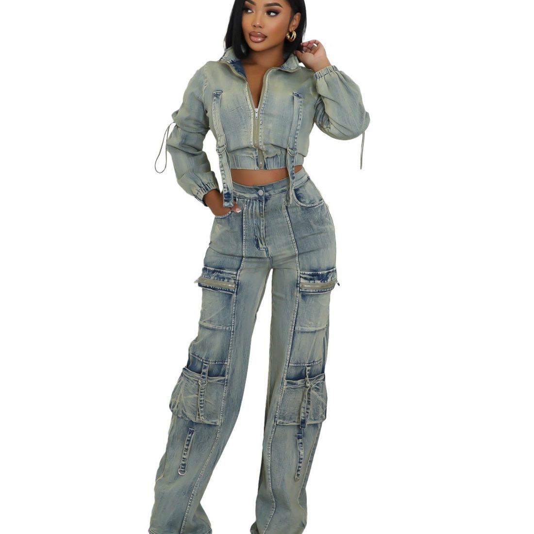 Fashionable And Sexy Washed Denim Jacket And Pants Set - Image 2