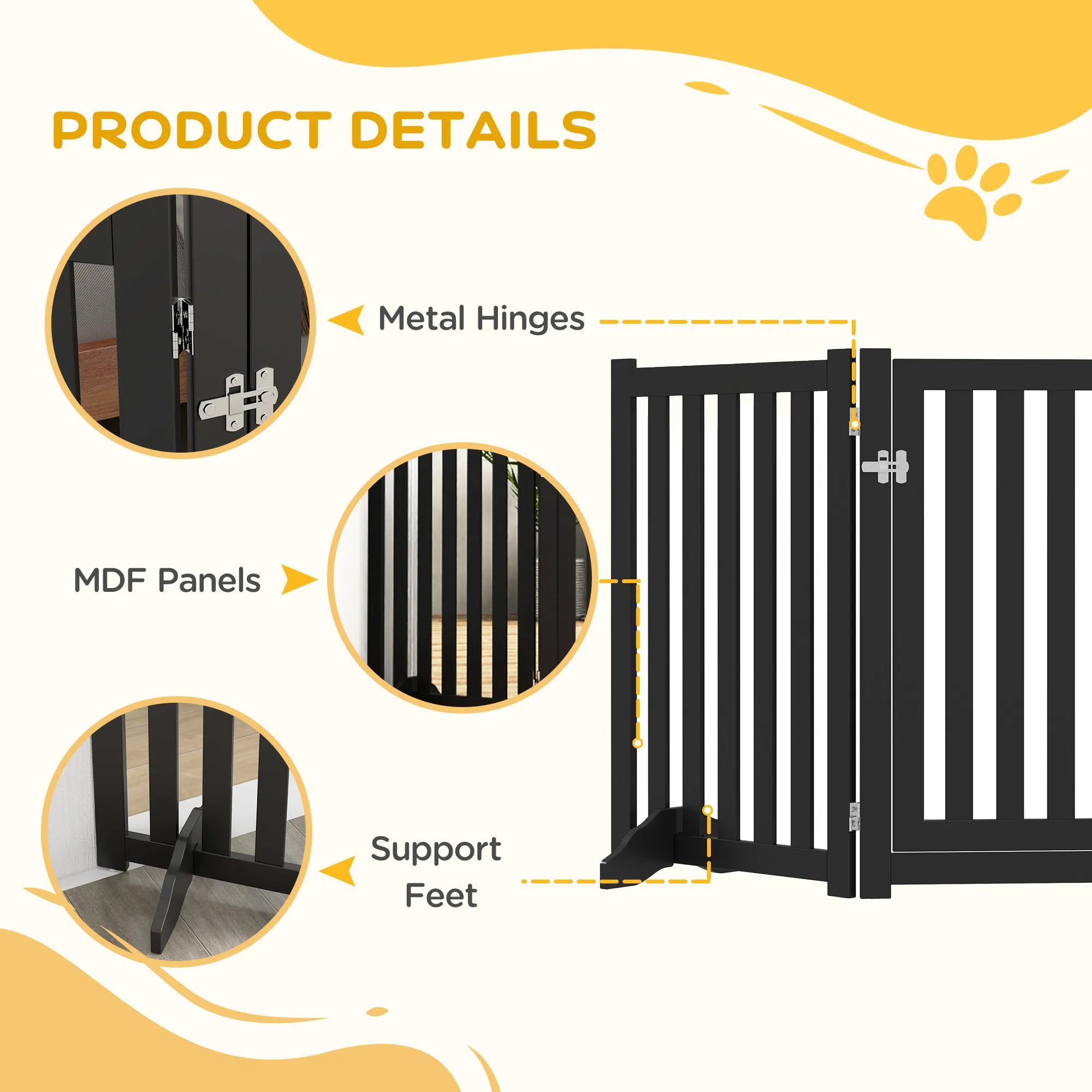 3-Panel Foldable Dog Gate with Feet for Medium Dogs and Below, Black - Image 6