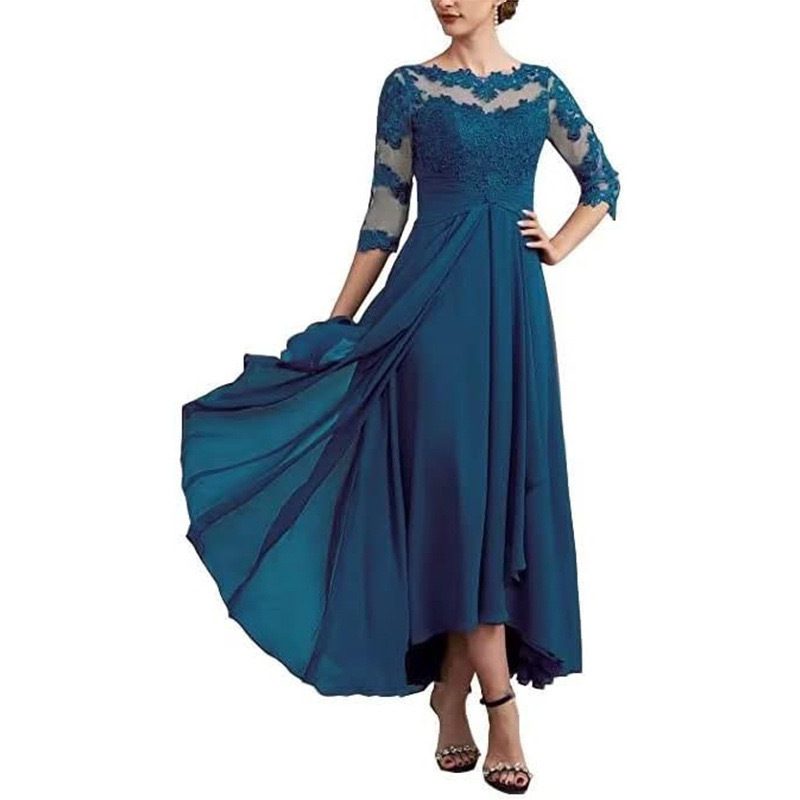 Lace Applique Chiffon Dress Mid-sleeve Mom Dress - Image 2
