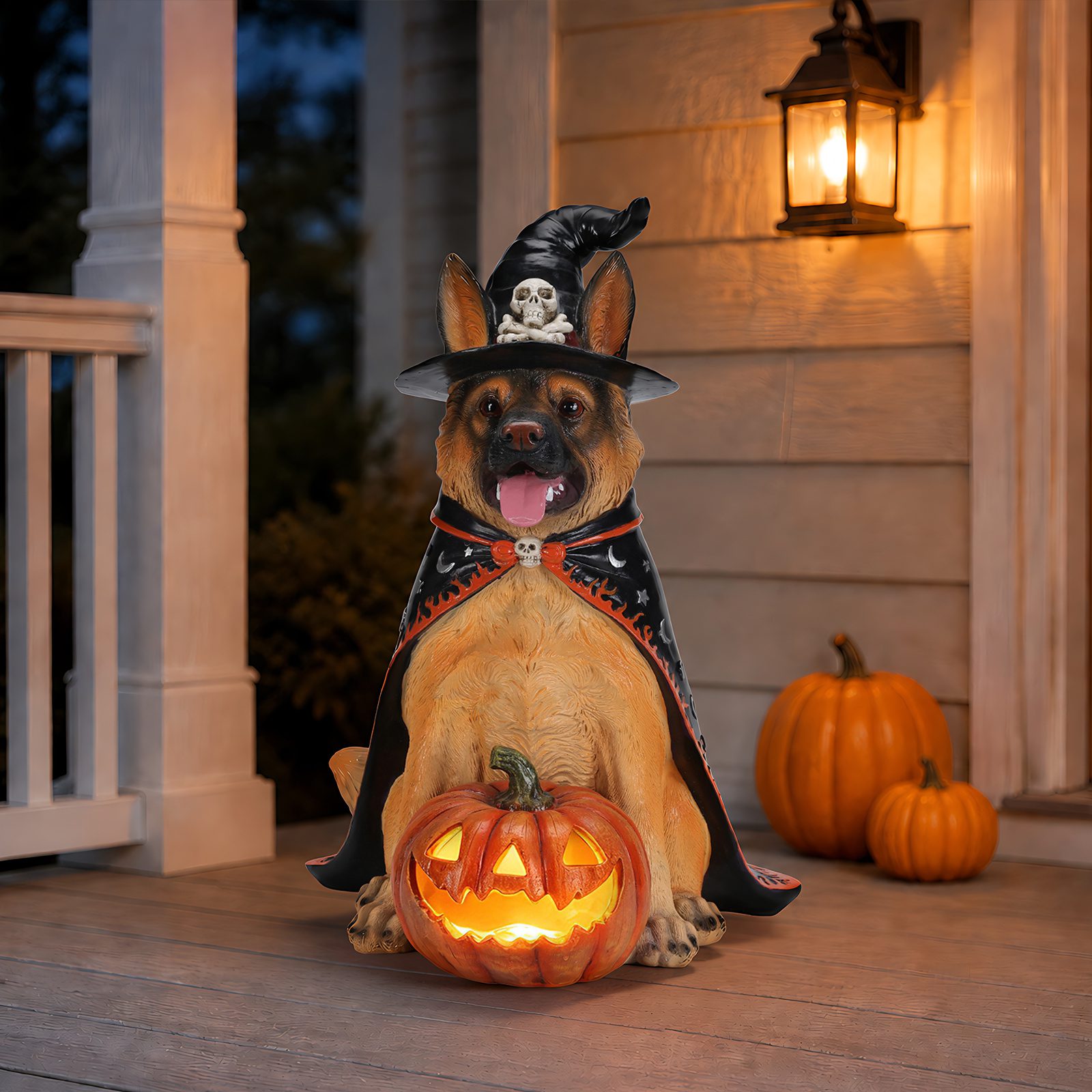 Halloween German Shepherd Dog Statue, Large Sitting Dog Figurine with Witch Hat & Cape, LED Light Up Jack-O-Lantern Pumpkin - Image 2