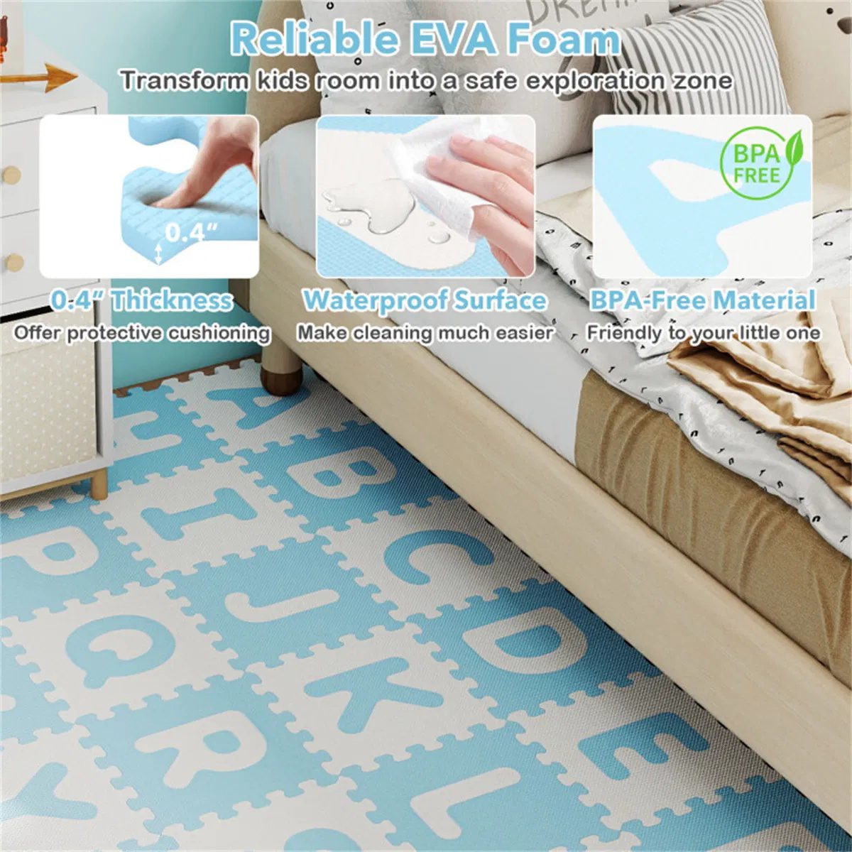 حصيرة لعب إسفنجية EVA للحروف الأبجدية ABC مكونة من 26 قطعة، 31.75×31.75×1.02cm، بلاستيك BPA-Free، بلاطات أرضية غير قابلة للانزلاق للأطفال بعمر 10 أشهر فأكثر، أزرق+أبيض - الصورة 9