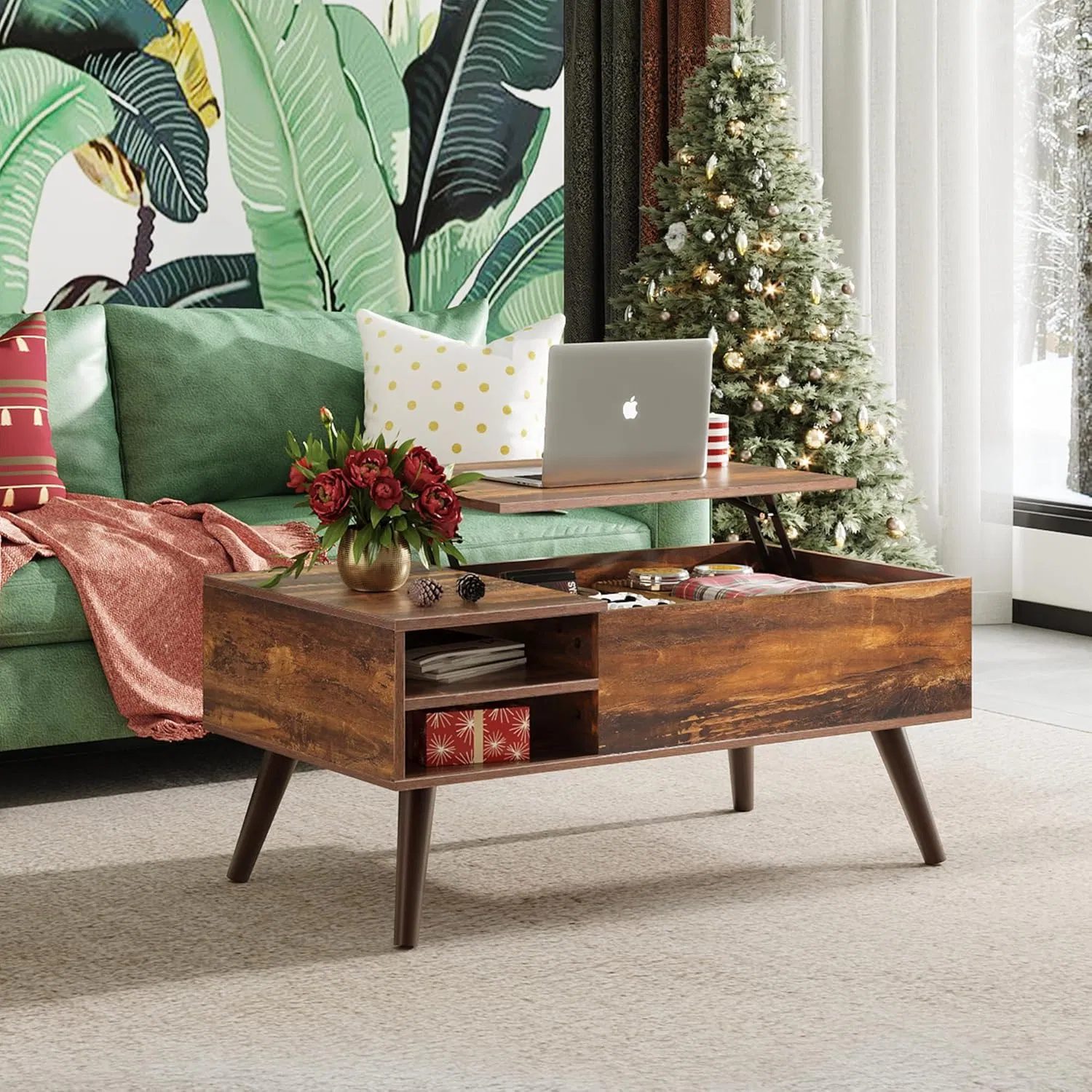 Elevating Coffee Table And Coffee Table with Hidden Compartments on The Tabletop, Dining Table with Open Compartments, Suitable for Living Rooms, Offices, And Apartments