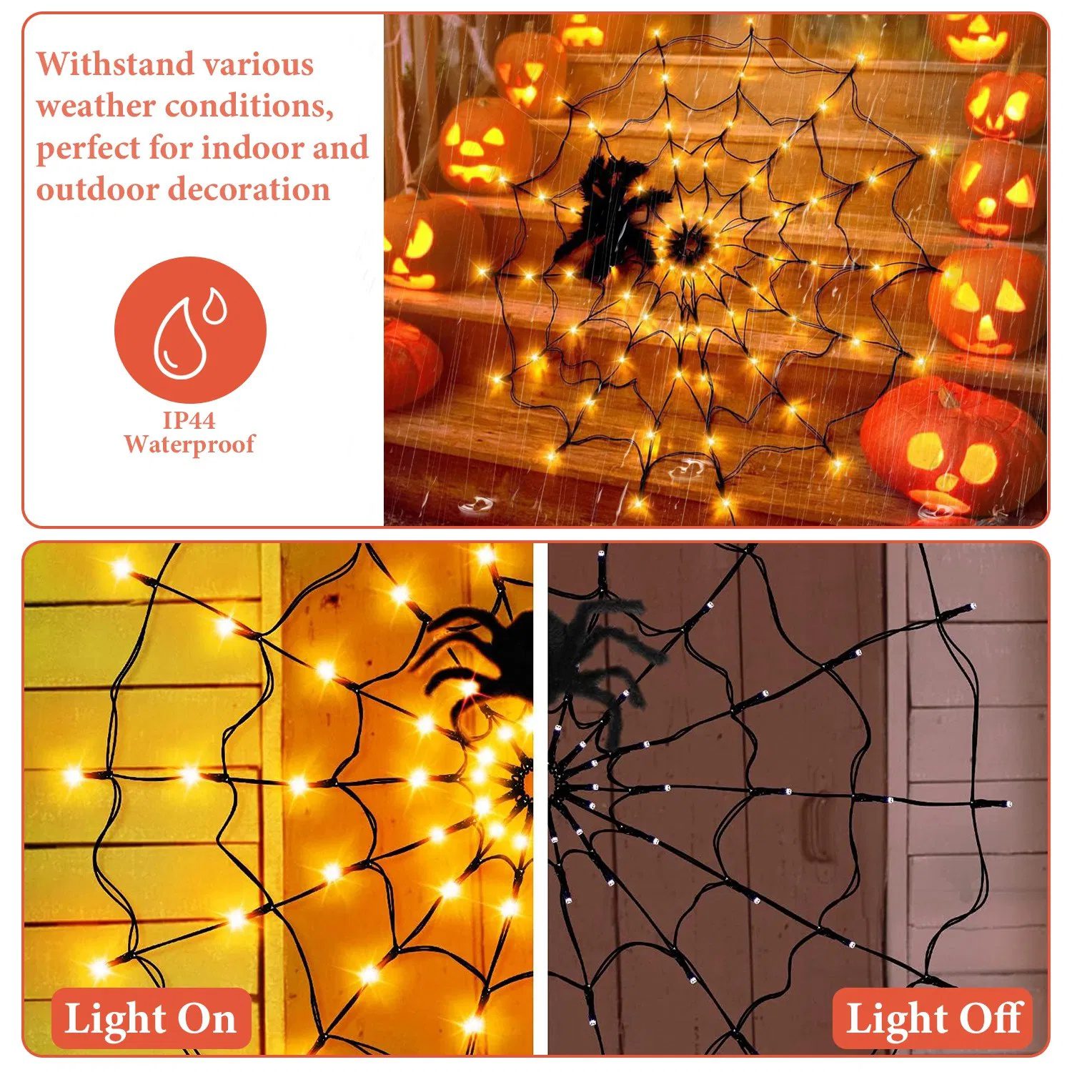 Halloween Spider Web Light - 3.28ft Diameter, 70 LEDs, 8 Modes, 10 Brightness Levels - Battery Powered, IP44 Waterproof with Remote & Timer - Orange/Purple Options - Image 7