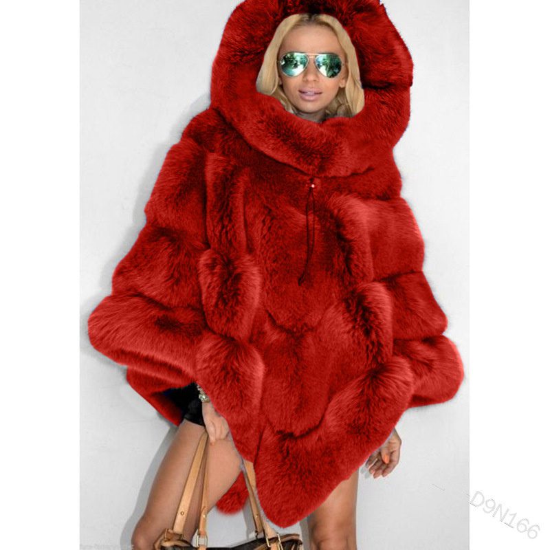Solid Color Hooded Faux Fur Patchwork Loose Coat Elegant Commuter Cape Women's - Image 4