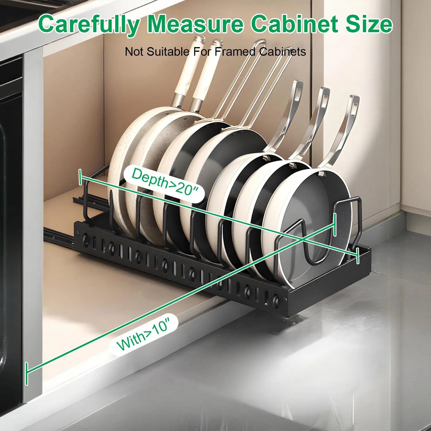 Pull Out Pots and Pans Organizer for Cabinet - 8 Adjustable Dividers, Tool-Free Installation, Damping Rail for Smooth Access, Sturdy Anti-Rust Carbon Steel - Holds Lids, Fry Pans, Bakeware & More - Image 10