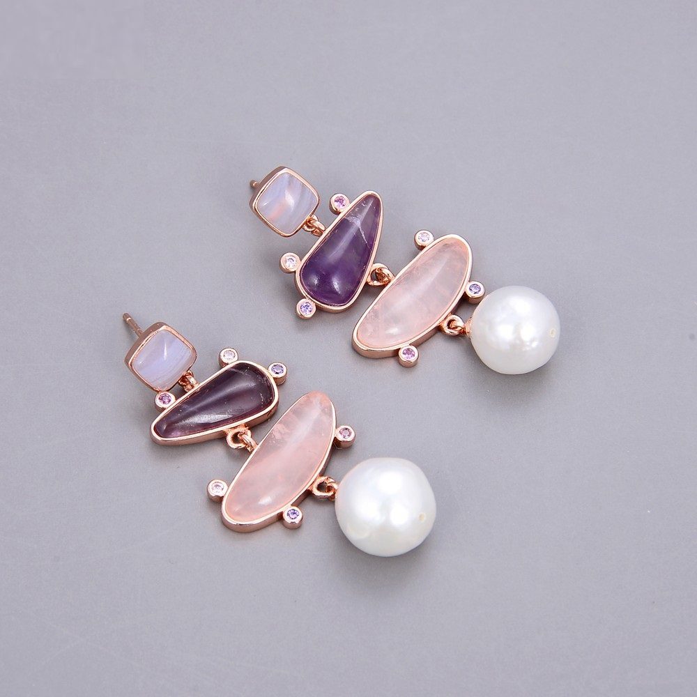 Women's Small Pendant Earrings White Pearl Blue Chalcedony Rose Quartz Amethyst - Image 3