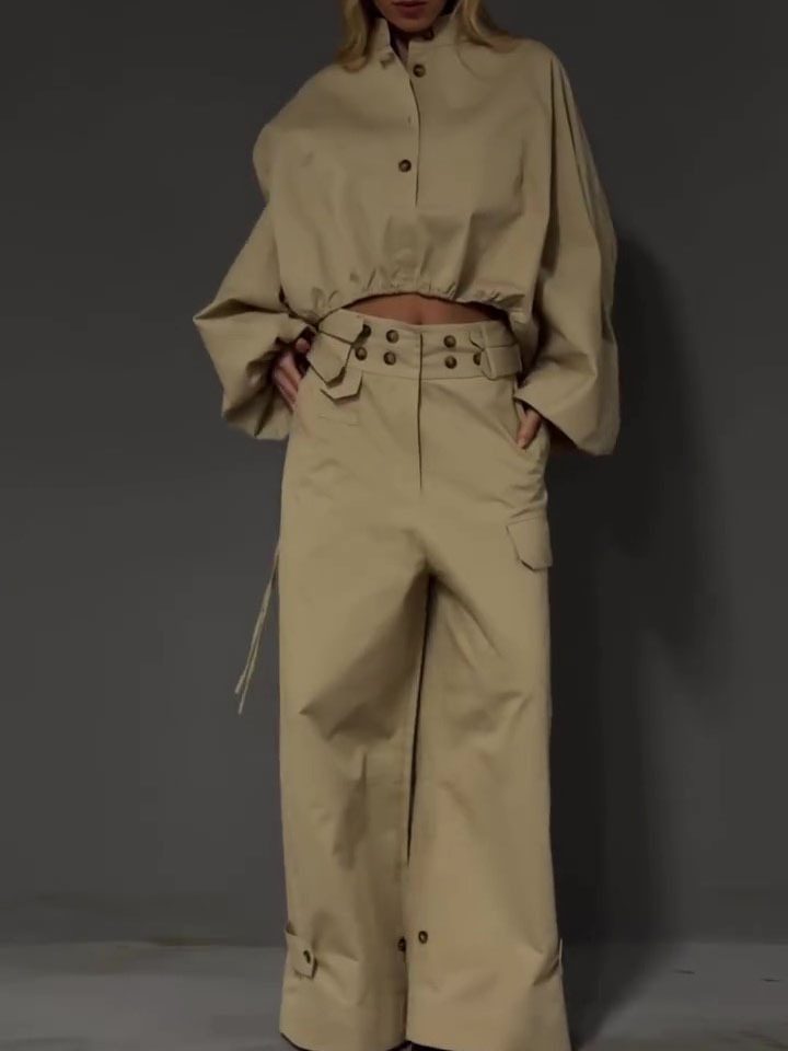 Khaki Stand Collar Puff Sleeve Crop Top & Double Button Wide Leg Cargo Pants Set - Image 5