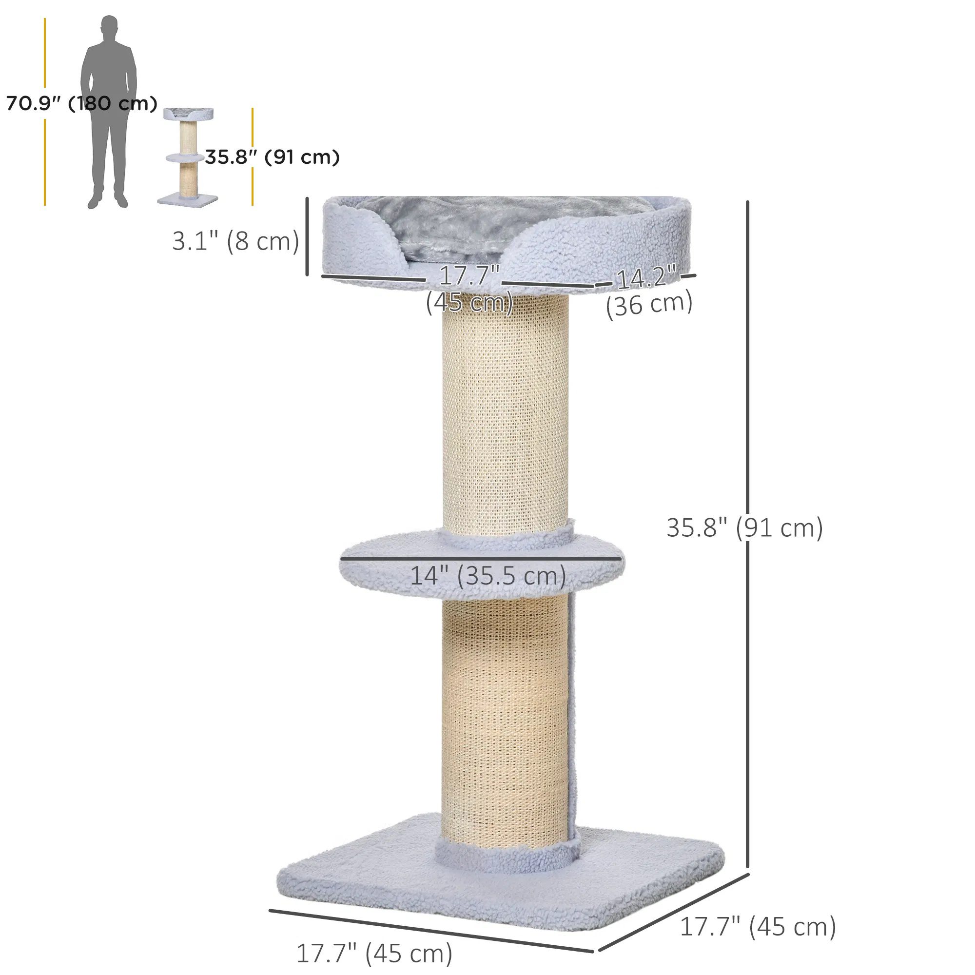 Cat Tree Kitty Tower with Sisal Mat Scratching Post, Cat Bed, Cushion, Perch, 18" x 18" x 36", Light Blue - Image 2