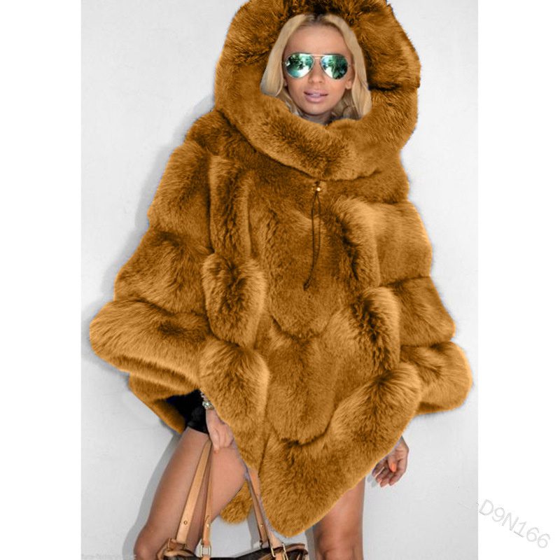 Solid Color Hooded Faux Fur Patchwork Loose Coat Elegant Commuter Cape Women's - Image 3