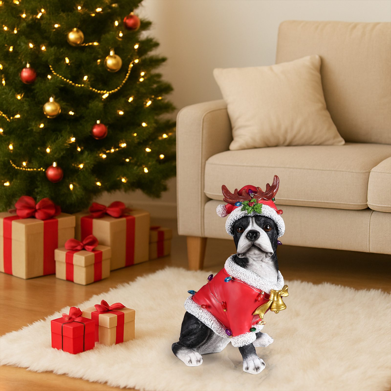 Christmas Boston Terrier Statue, Holiday Dog Figurine in Santa Outfit - Image 8