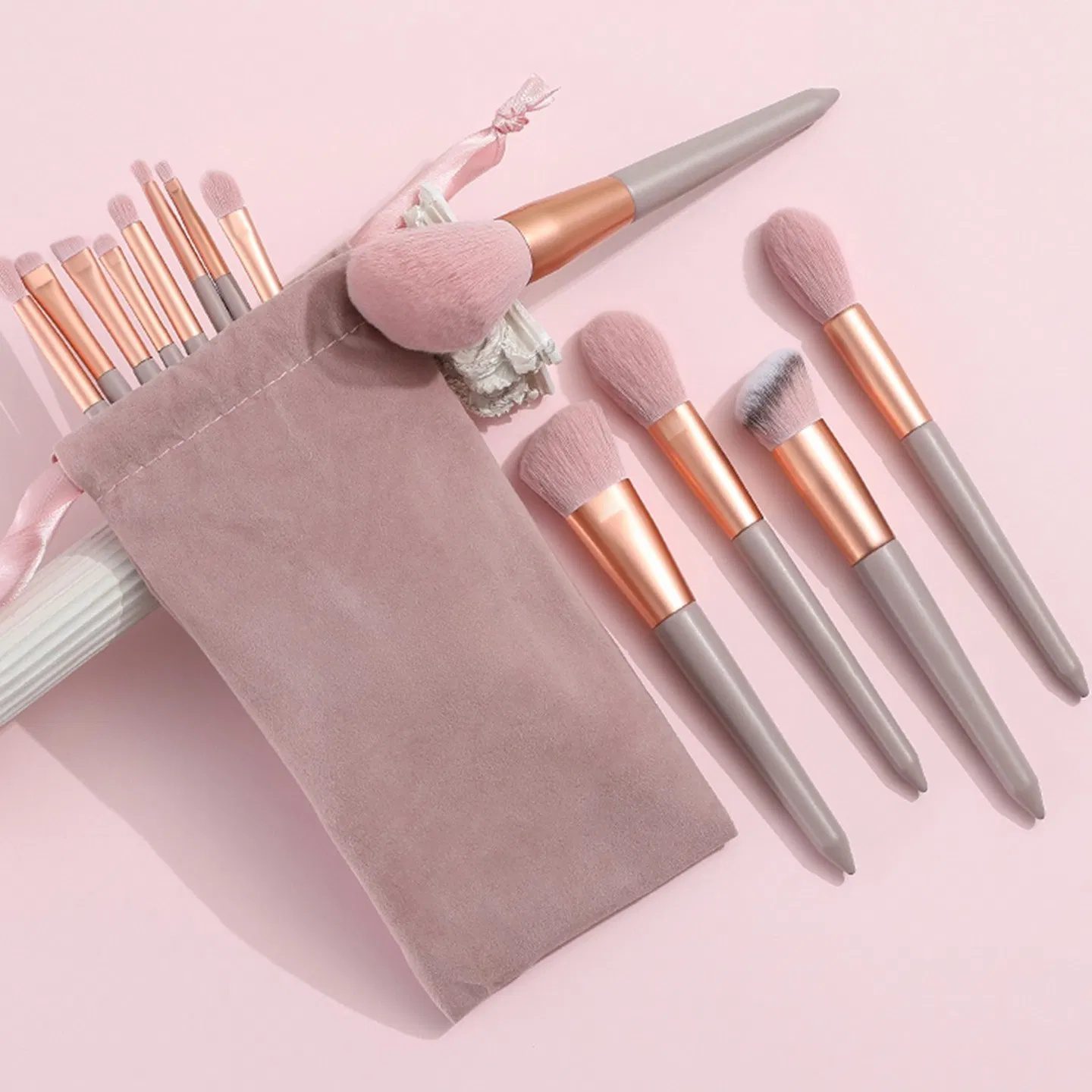 13-piece pink makeup brush set, complete for face and eye application, soft bristles for smooth powder pickup, comes with a velvet storage pouch - Image 7