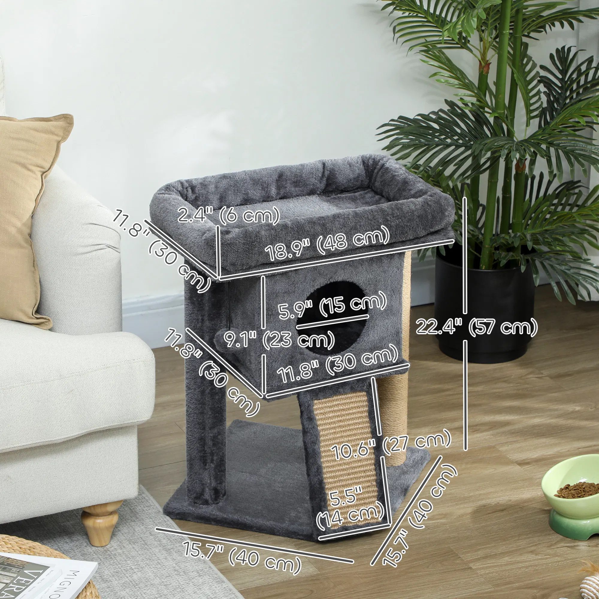 Cat Tree, Small Cat Tower with Perch, Scratching Post, Cat Condo, Toy Ball for Kitty, Indoor Use, Dark Grey - Image 2