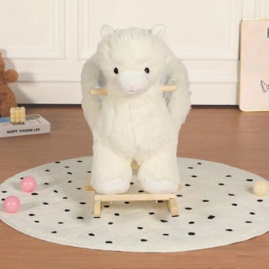 Kids Ride-On Rocking Horse Toy with Lullaby Song,Alpaca Rocking Toy with Hand Puppets and Safety Belt For Children 1-3 Years,Soft Plush Fabric,White