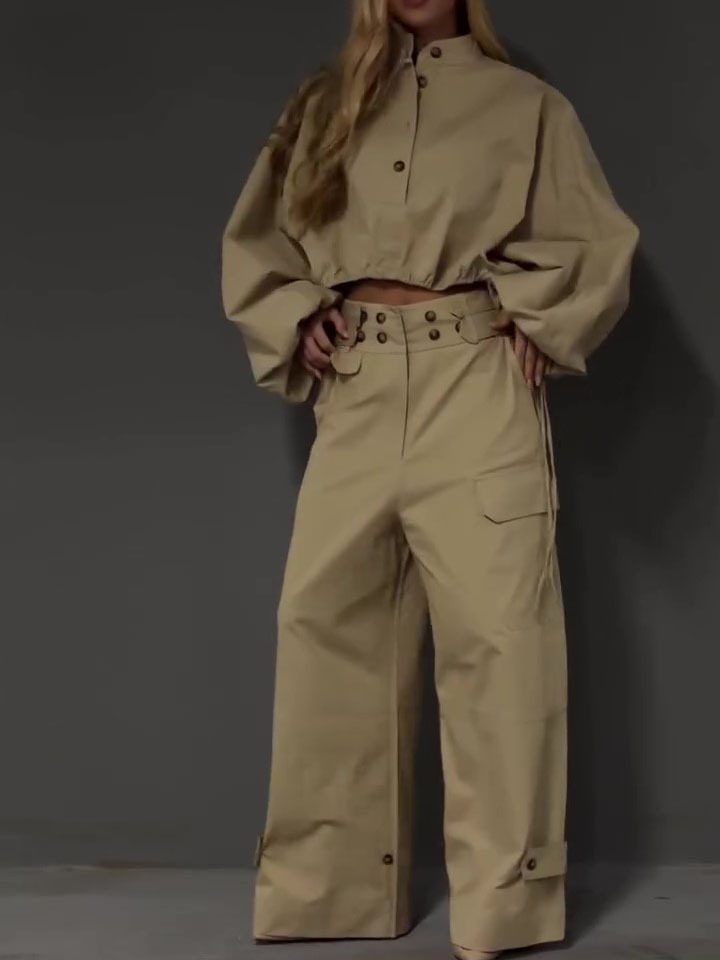 Khaki Stand Collar Puff Sleeve Crop Top & Double Button Wide Leg Cargo Pants Set - Image 2