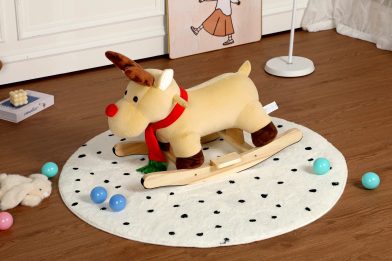Kids Ride-On Rocking Horse Toy with Lullaby Song,Moose Rocking Toy with Hand Puppets and Safety Belt For Children 1-3 Years,Soft Plush Fabric,Apricot,CPC Certified