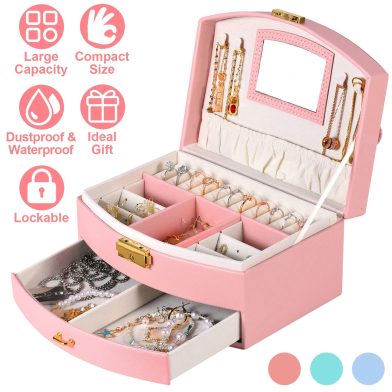 2-Layer Jewelry Box for Women Girls Lockable Leather Jewelry Organizer Jewelry Travel Case for Rings Earrings Necklaces Bracelets