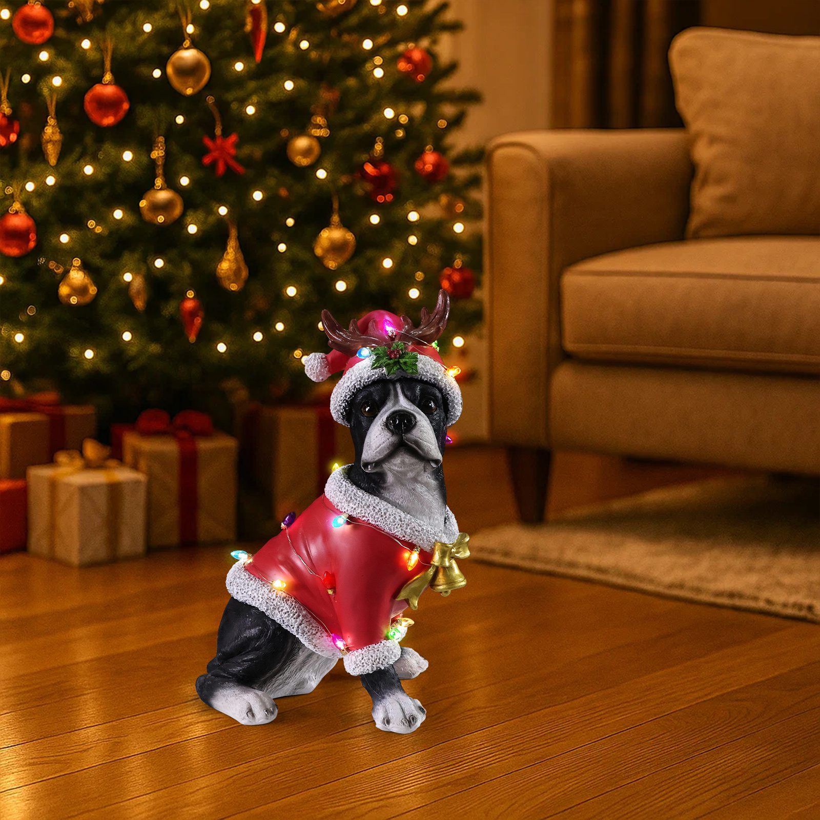 Christmas Boston Terrier Statue, Holiday Dog Figurine in Santa Outfit - Image 9