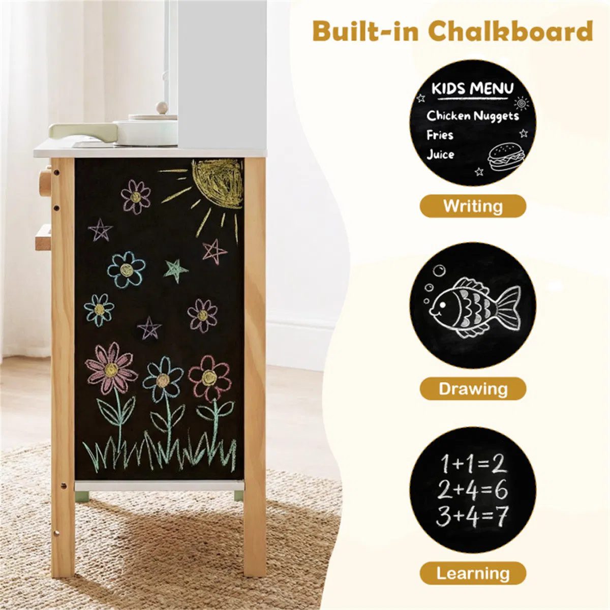 Kids Wooden Play Kitchen with 13 Accessories, Pretend Cooking Set with Chalkboard for 3+, White + Natural - Image 5