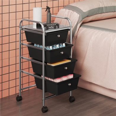 Rolling Trolley Storage Cart Bin With 4 Plastic Drawers On Wheels, Black