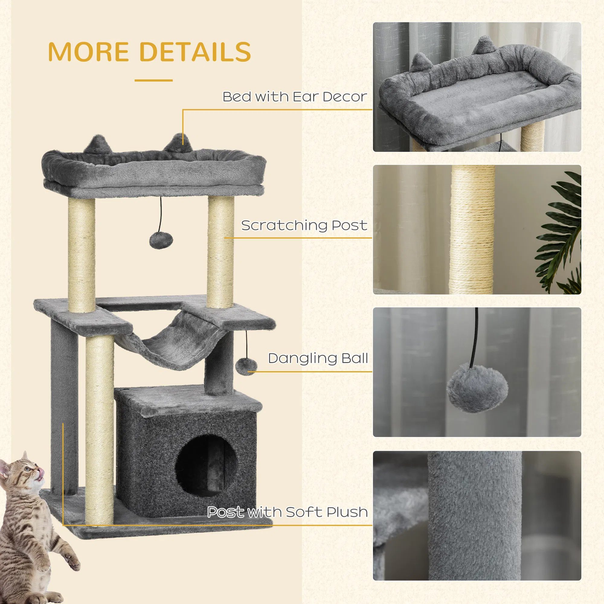 39.25'' Cat Tree Tower Multi-Level Kitten House with Scratching Post Condo Hammock Bed Ball Toy - Gray - Image 6