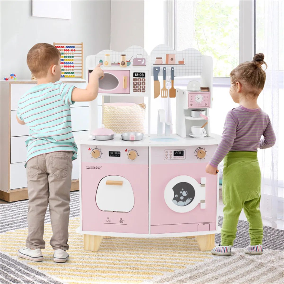 Pink Kids Coffee Kitchen Playset with Microwave Oven Stove for 3+ Years Old - Image 2