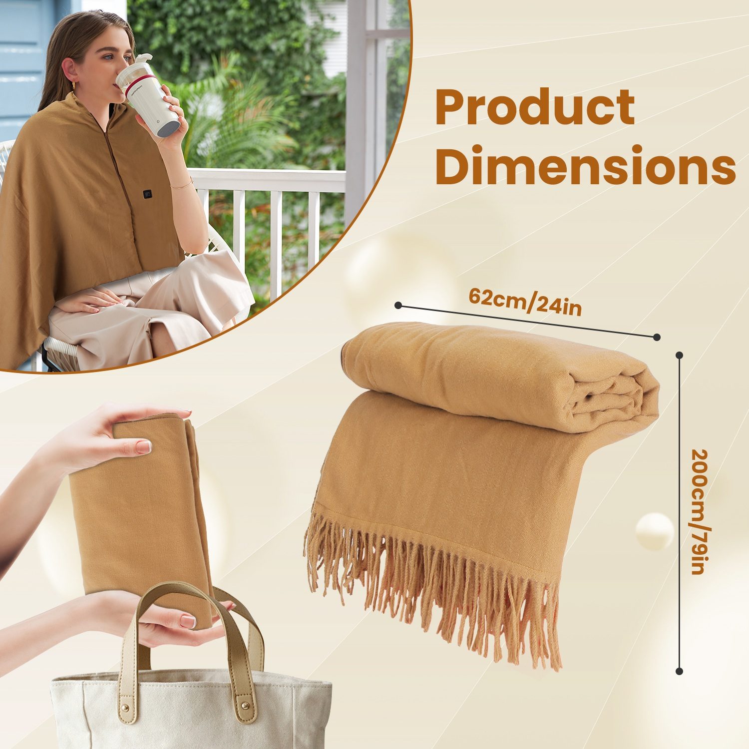 1Pc 79x24In USB Heated Shawl With Teasel Wearable Heating Blanket Electric Throw Wrap Indoor Outdoor With Zipper 3 Heating Levels Machine Washable For Outdoor Home Office - Image 6
