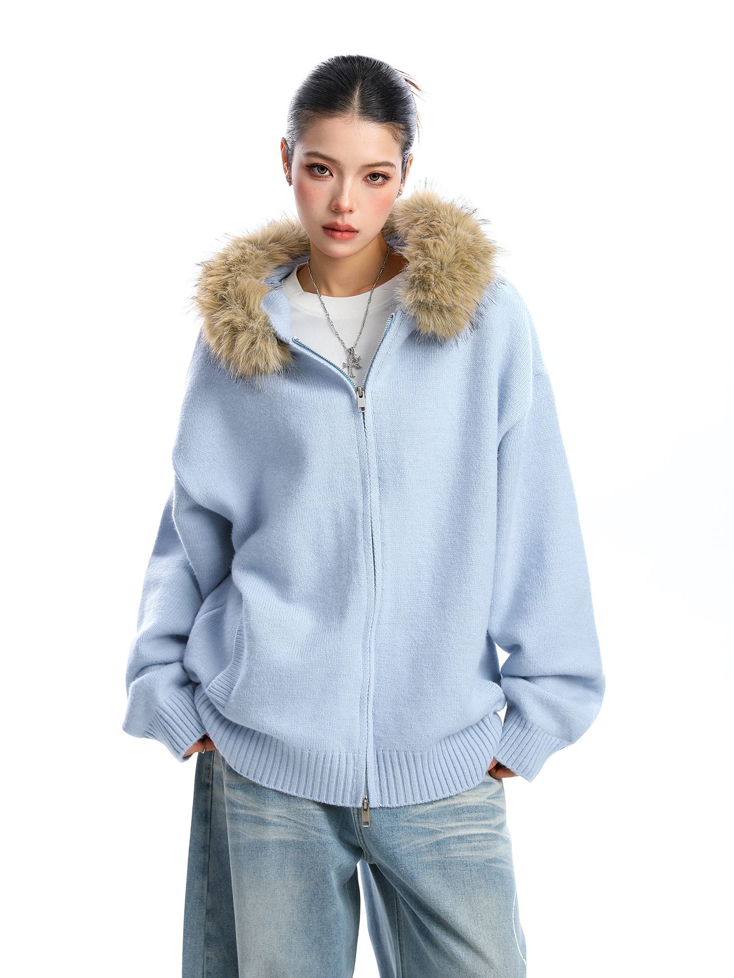 Detachable Fur Collar Hood Sweater Women's Coat - Image 4